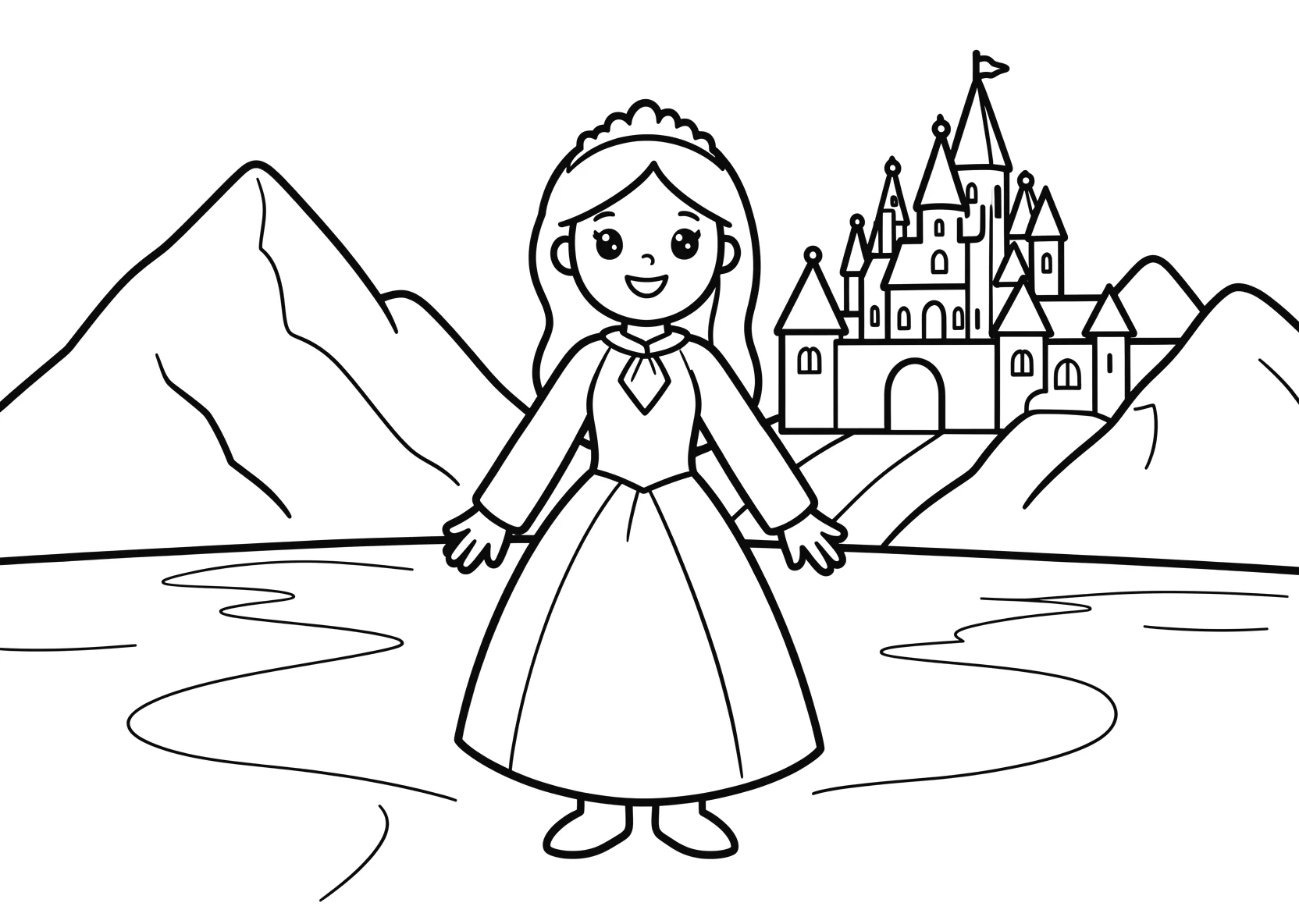 Ausmalbild Eisprinzessin steht auf einem gefrorenen See mit - Ausmalbild aus der Kategorie Maerchen - kostenlos ausdrucken