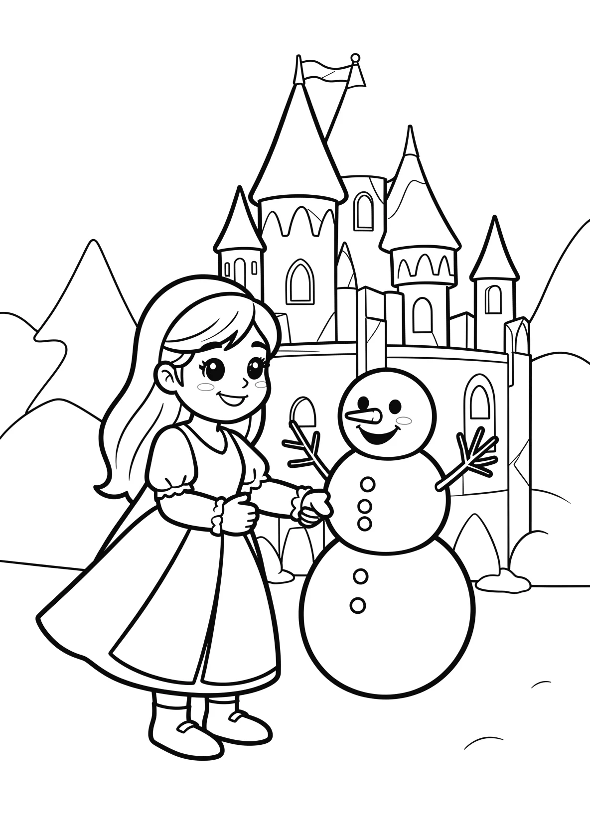 Ausmalbild Magische Eisprinzessin baut einen Schneemann vor - Ausmalbild aus der Kategorie Maerchen - kostenlos ausdrucken