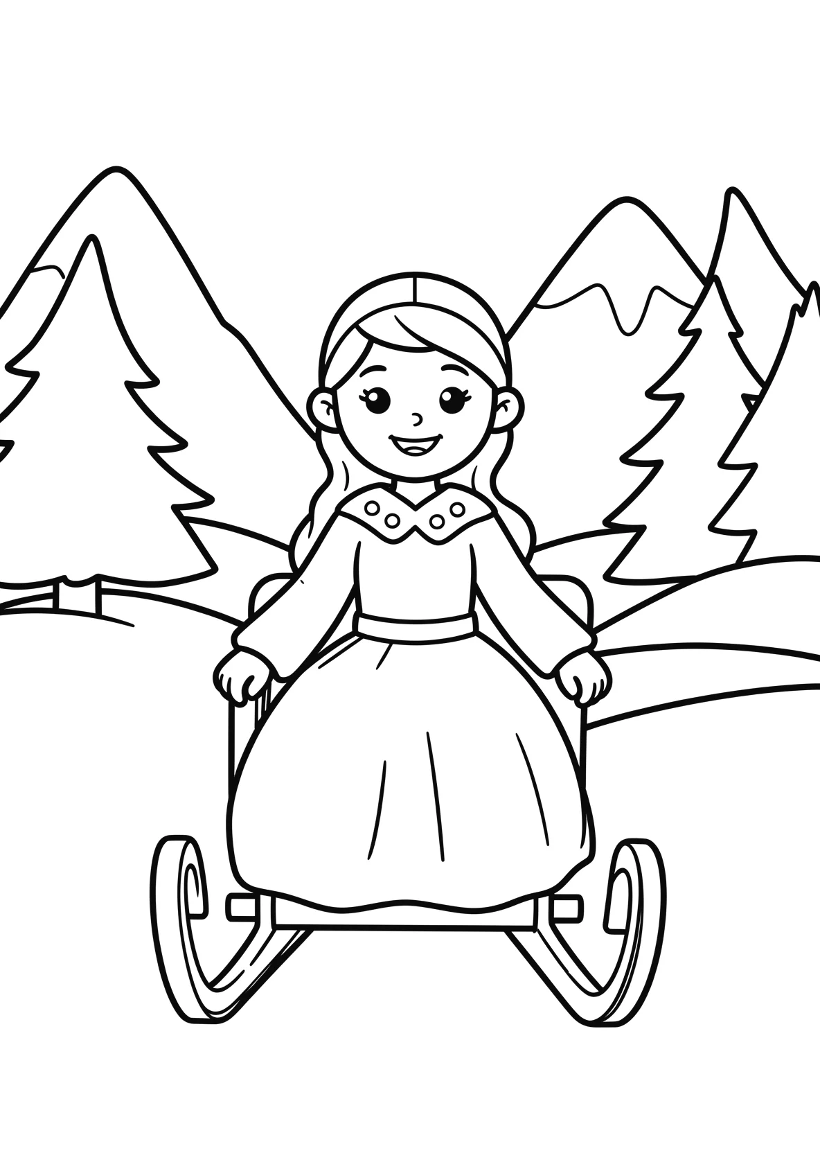 Ausmalbild Eisprinzessin sitzt auf einem Schlitten in einer - Ausmalbild aus der Kategorie Maerchen - kostenlos ausdrucken