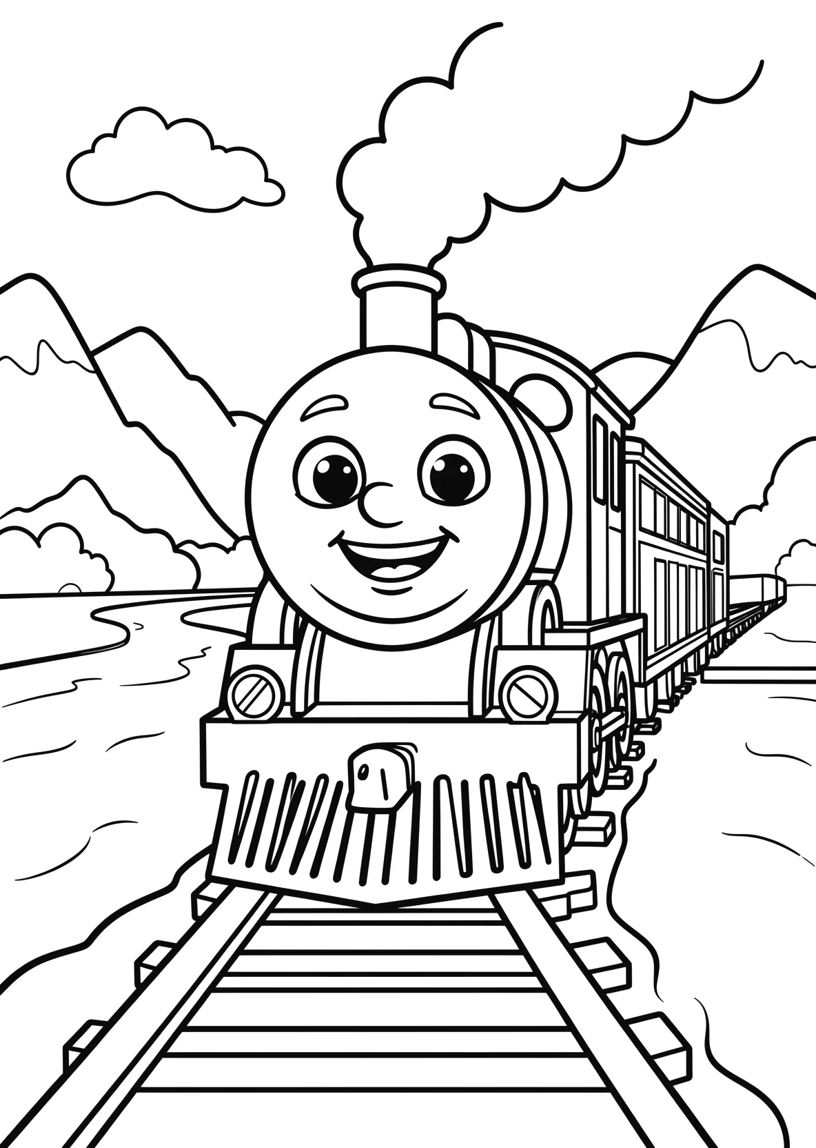 Ausmalbild Freundliche Dampflok mit einem großen lächelnden - Ausmalbild aus der Kategorie Fahrzeuge - kostenlos ausdrucken