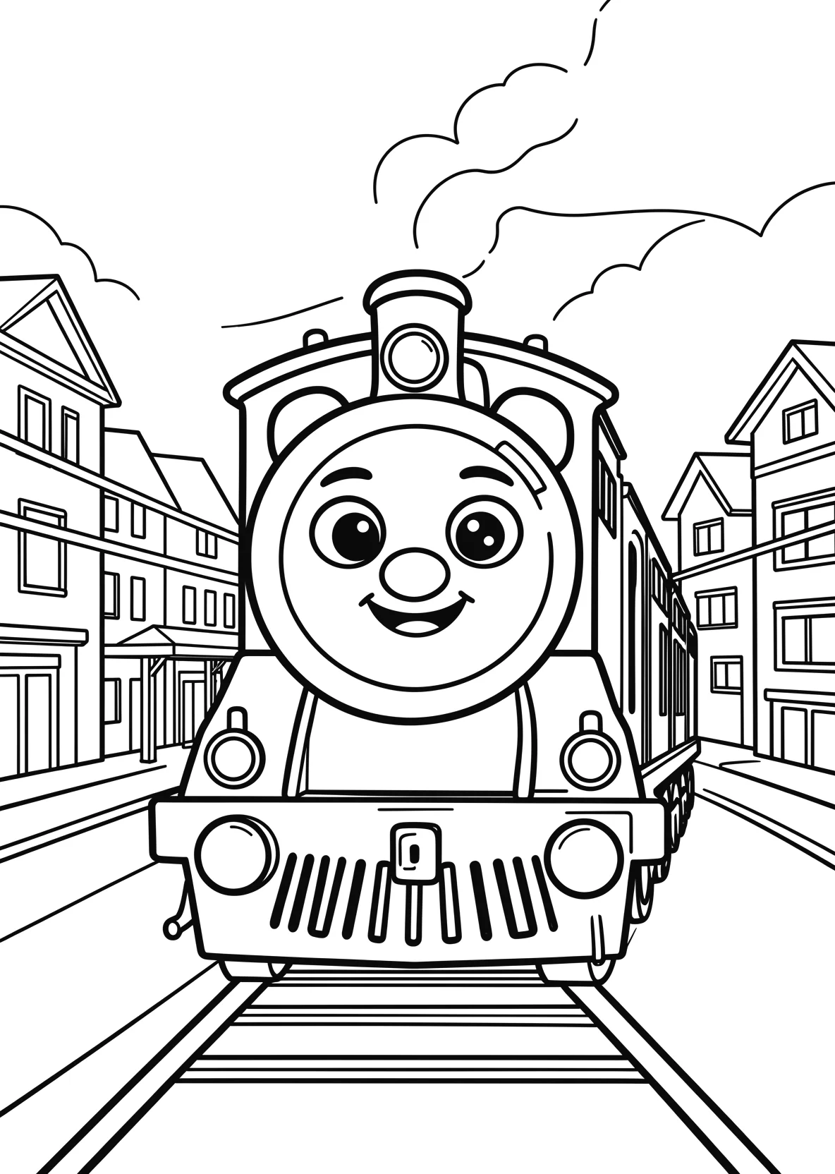 Ausmalbild Freundliche Lokomotive mit Gesicht fährt durch - Ausmalbild aus der Kategorie Fahrzeuge - kostenlos ausdrucken