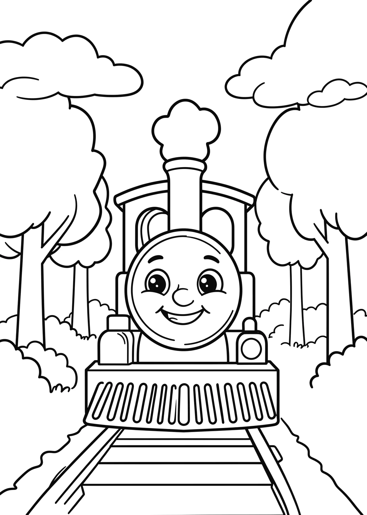 Ausmalbild Kleine Lokomotive mit Gesicht fährt durch einen - Ausmalbild aus der Kategorie Fahrzeuge - kostenlos ausdrucken