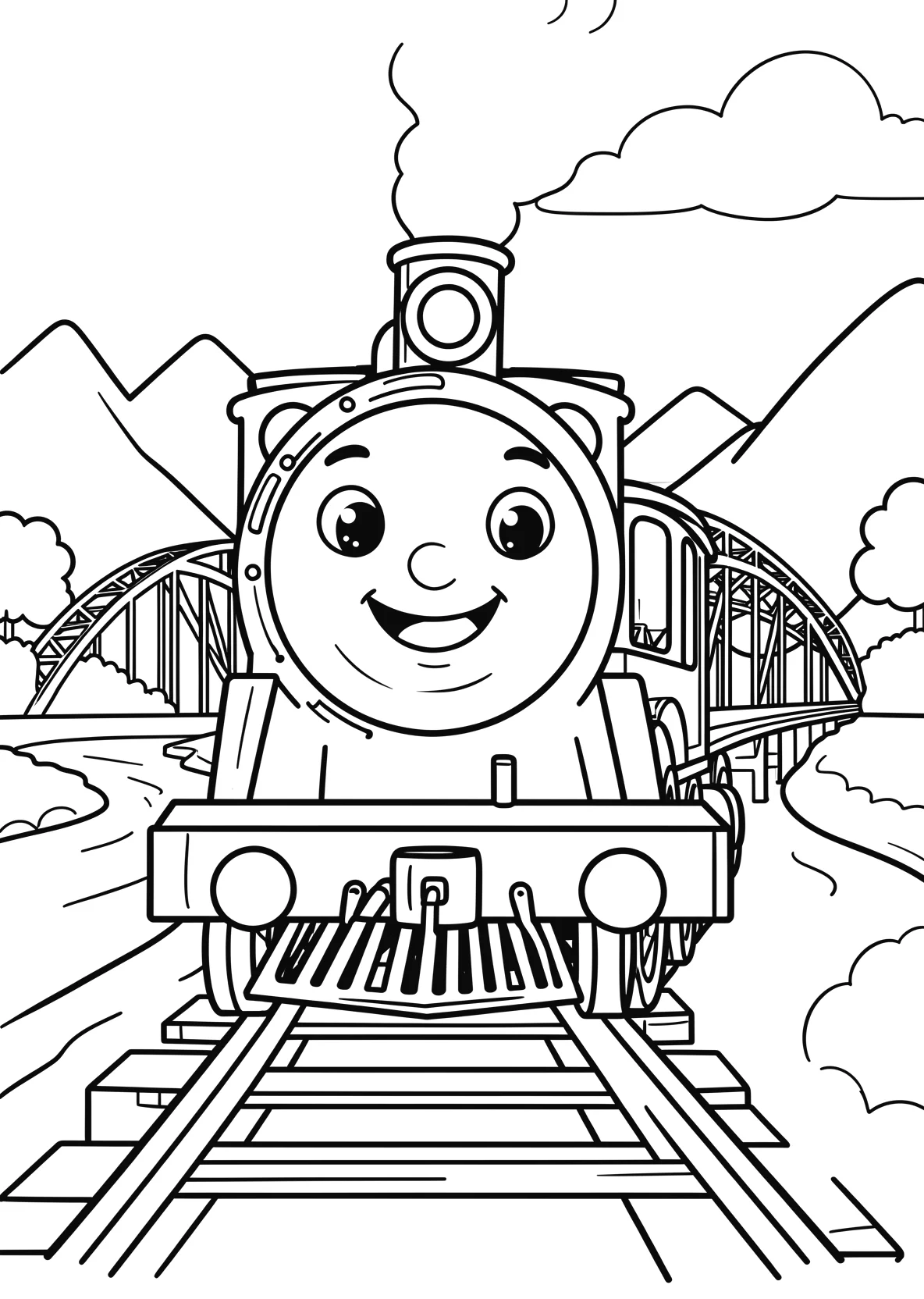 Ausmalbild Freundliche Dampflok mit einem großen lächelnden - Ausmalbild aus der Kategorie Fahrzeuge - kostenlos ausdrucken