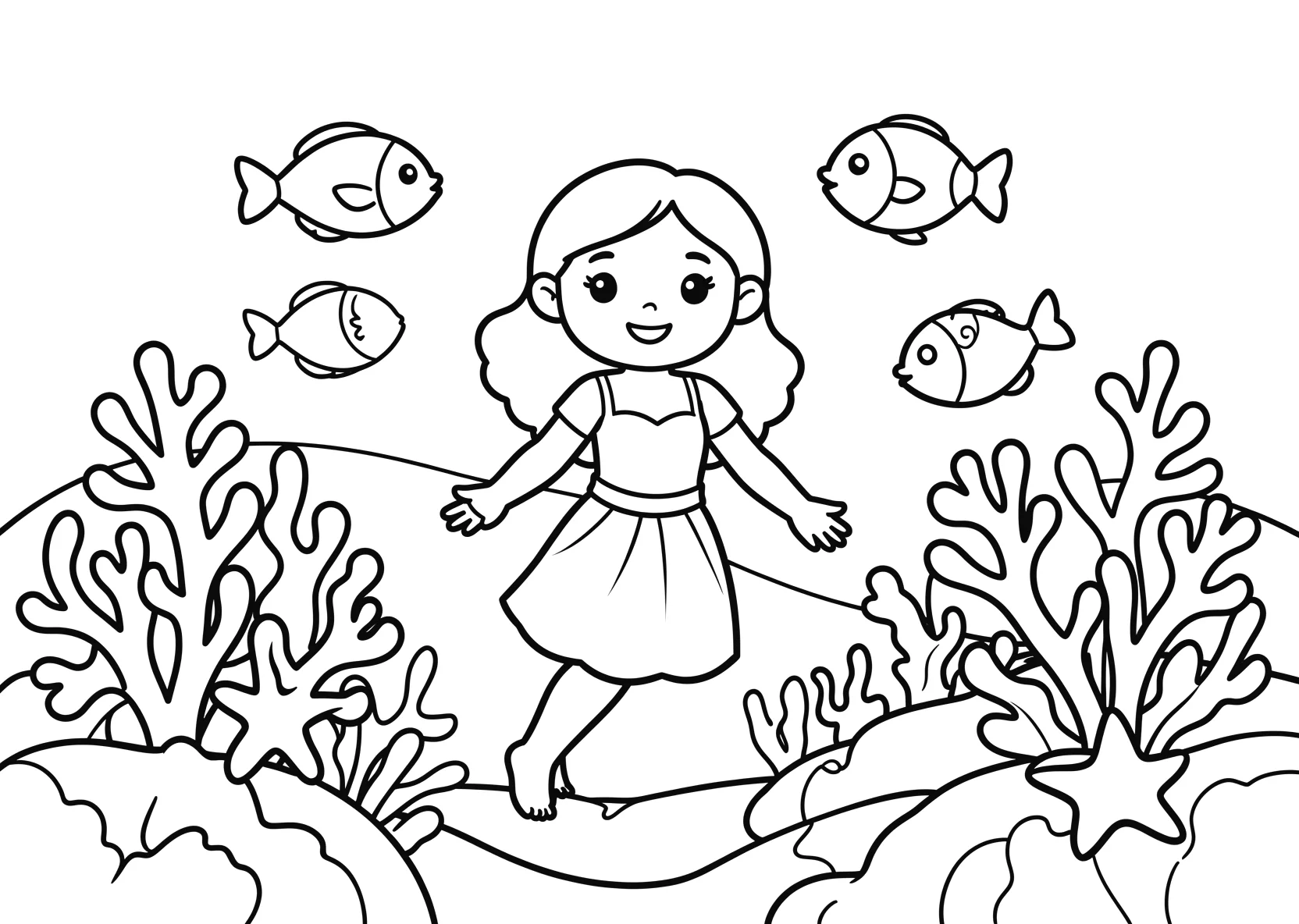 Ausmalbild Freundliche Meerprinzessin schwimmt durch ein - Ausmalbild aus der Kategorie Maerchen - kostenlos ausdrucken