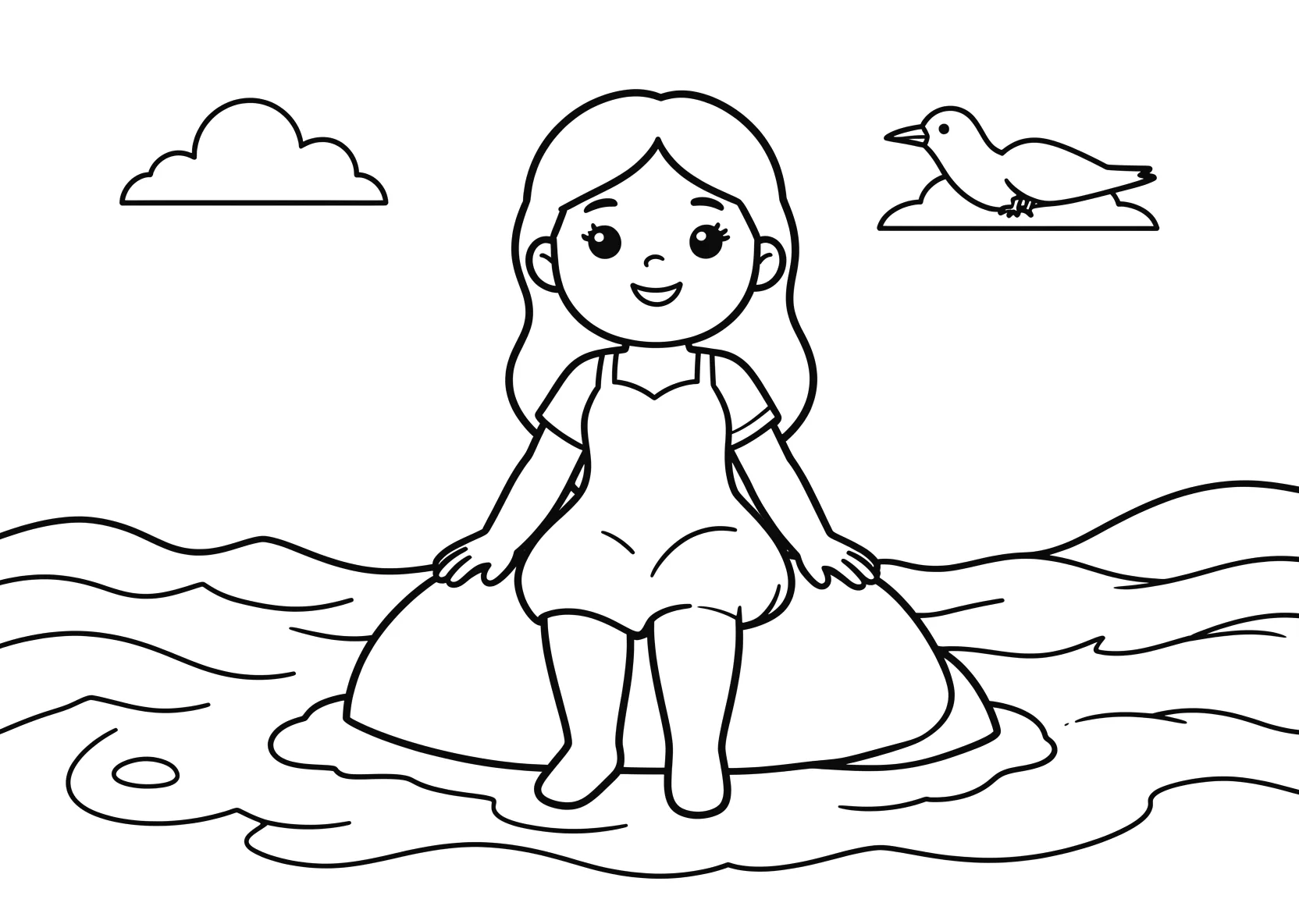 Ausmalbild Meerprinzessin sitzt auf einem Felsen am Strand - Ausmalbild aus der Kategorie Maerchen - kostenlos ausdrucken