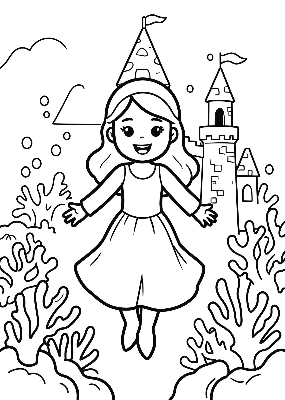 Ausmalbild Meerprinzessin schwimmt durch ein - Ausmalbild aus der Kategorie Maerchen - kostenlos ausdrucken