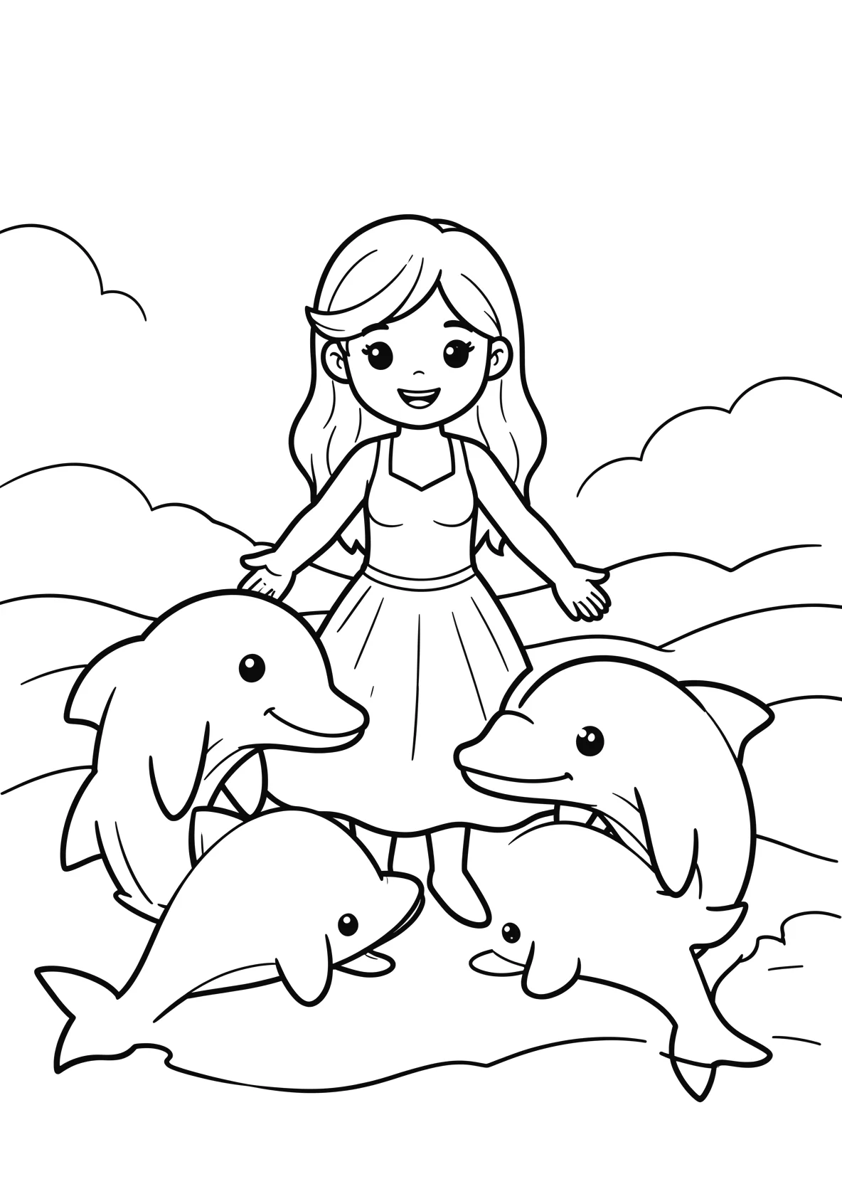 Ausmalbild Meerprinzessin spielt mit Delfinen im Meer - Ausmalbild aus der Kategorie Maerchen - kostenlos ausdrucken