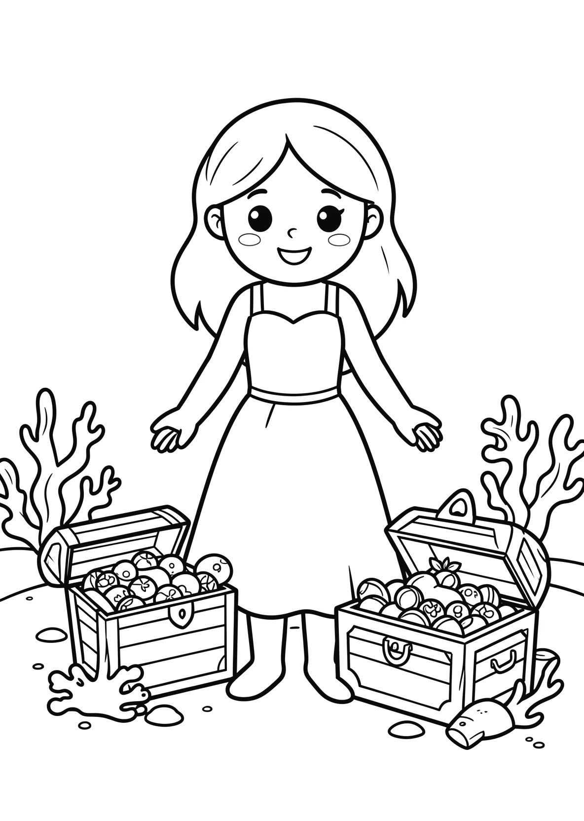 Ausmalbild Meerprinzessin entdeckt eine Schatztruhe auf dem - Ausmalbild aus der Kategorie Maerchen - kostenlos ausdrucken