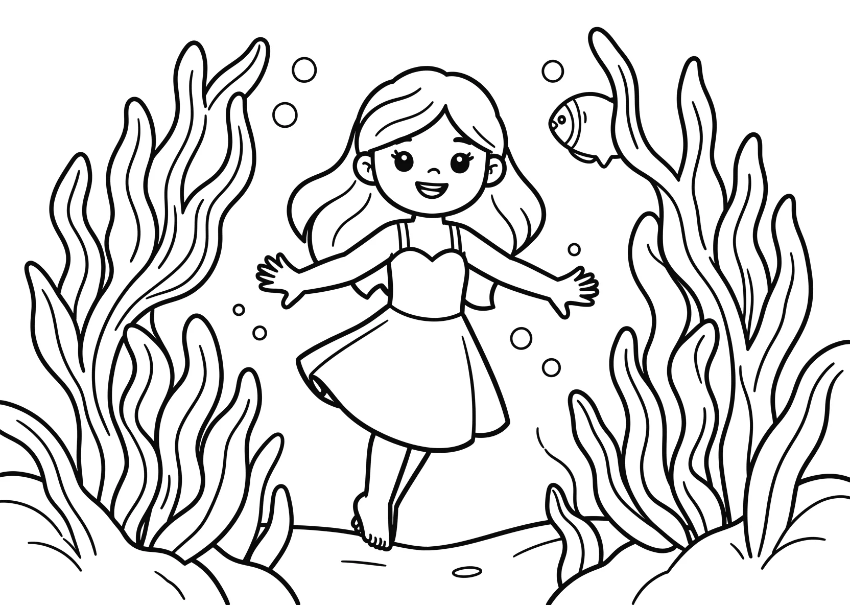 Ausmalbild Meerprinzessin schwimmt durch einen - Ausmalbild aus der Kategorie Maerchen - kostenlos ausdrucken