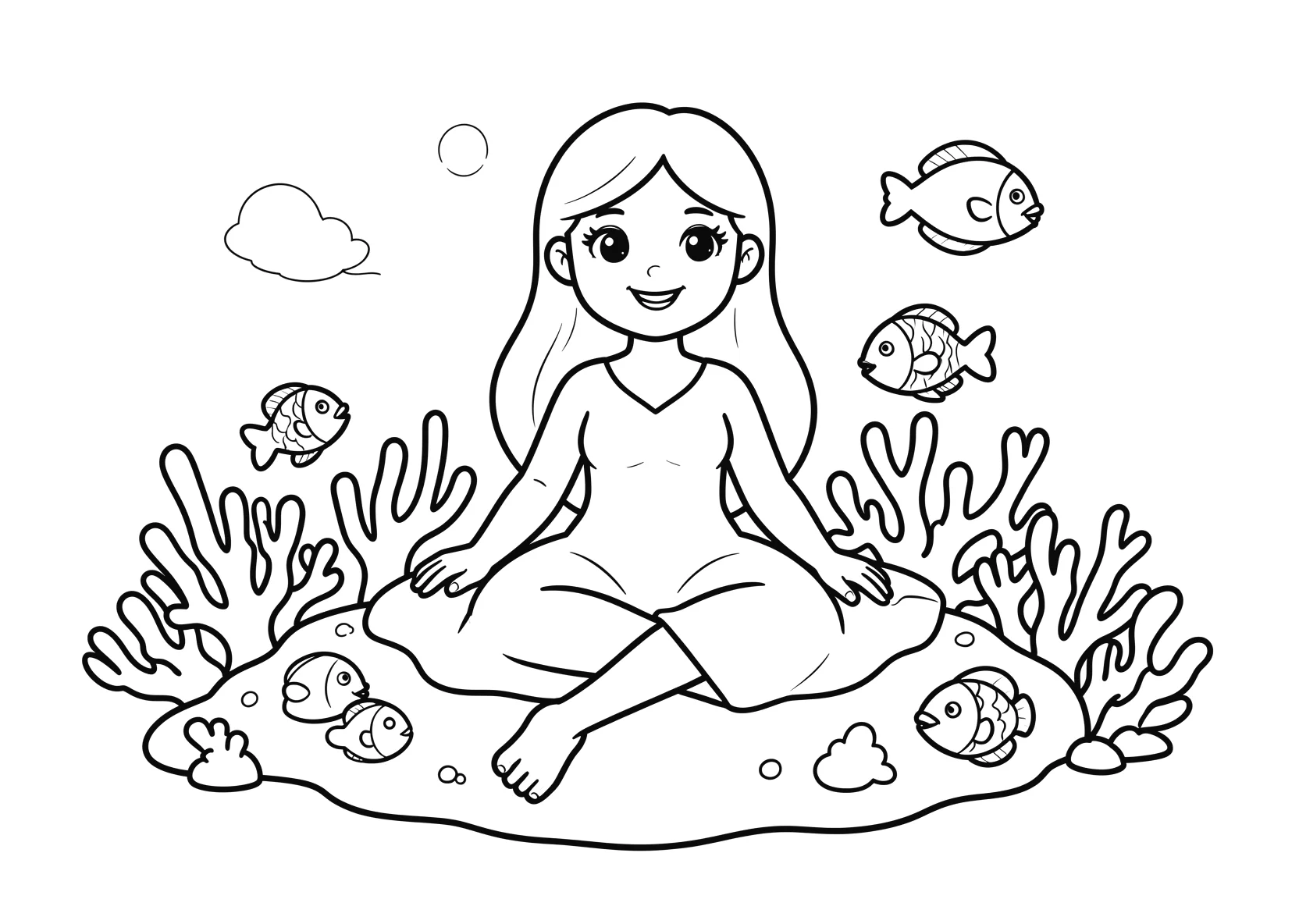 Ausmalbild Meerprinzessin sitzt auf einem Korallenriff mit - Ausmalbild aus der Kategorie Maerchen - kostenlos ausdrucken
