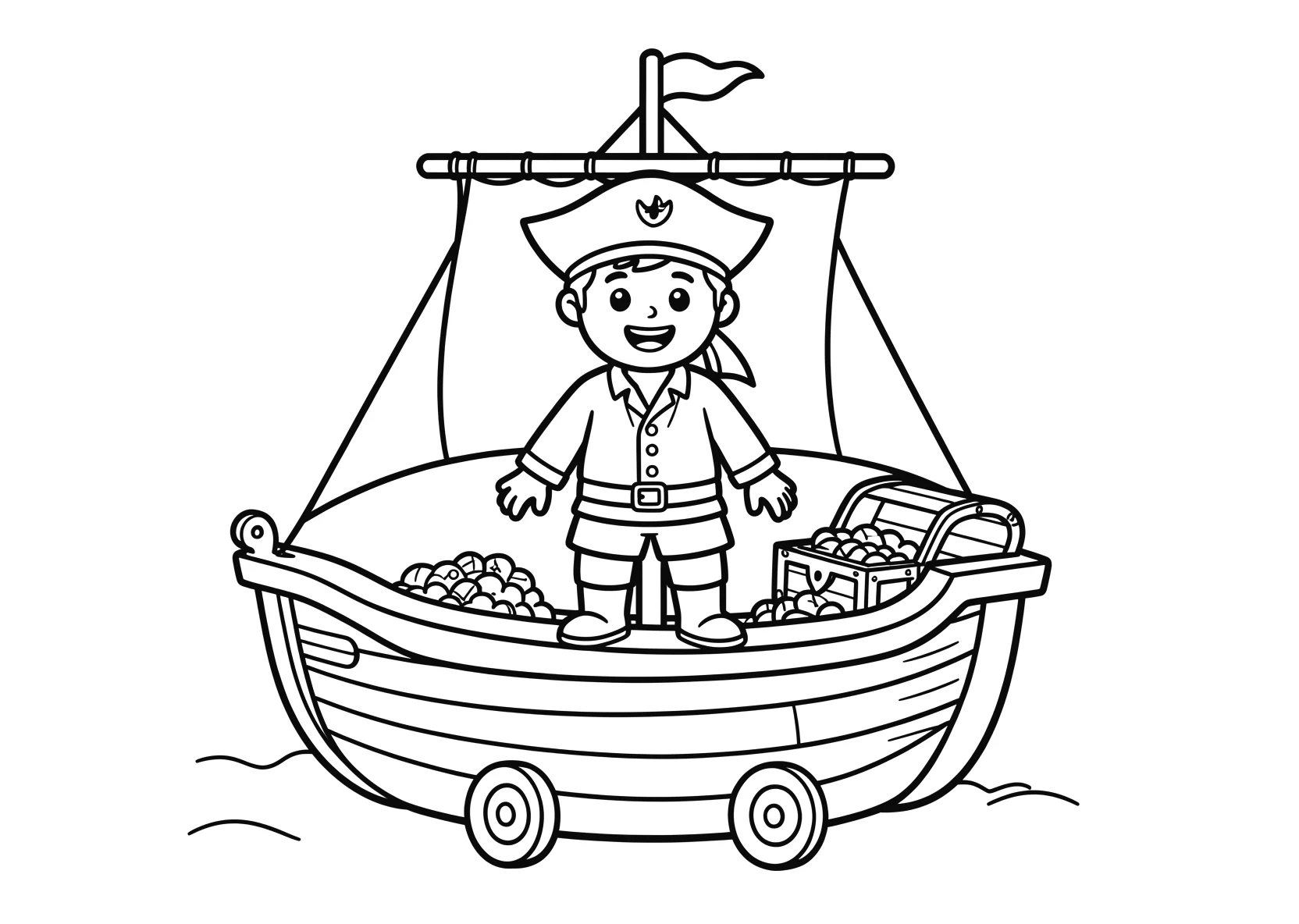 Ausmalbild Pirat steht auf einem Piratenschiff mit Segeln - Ausmalbild aus der Kategorie Maerchen - kostenlos ausdrucken