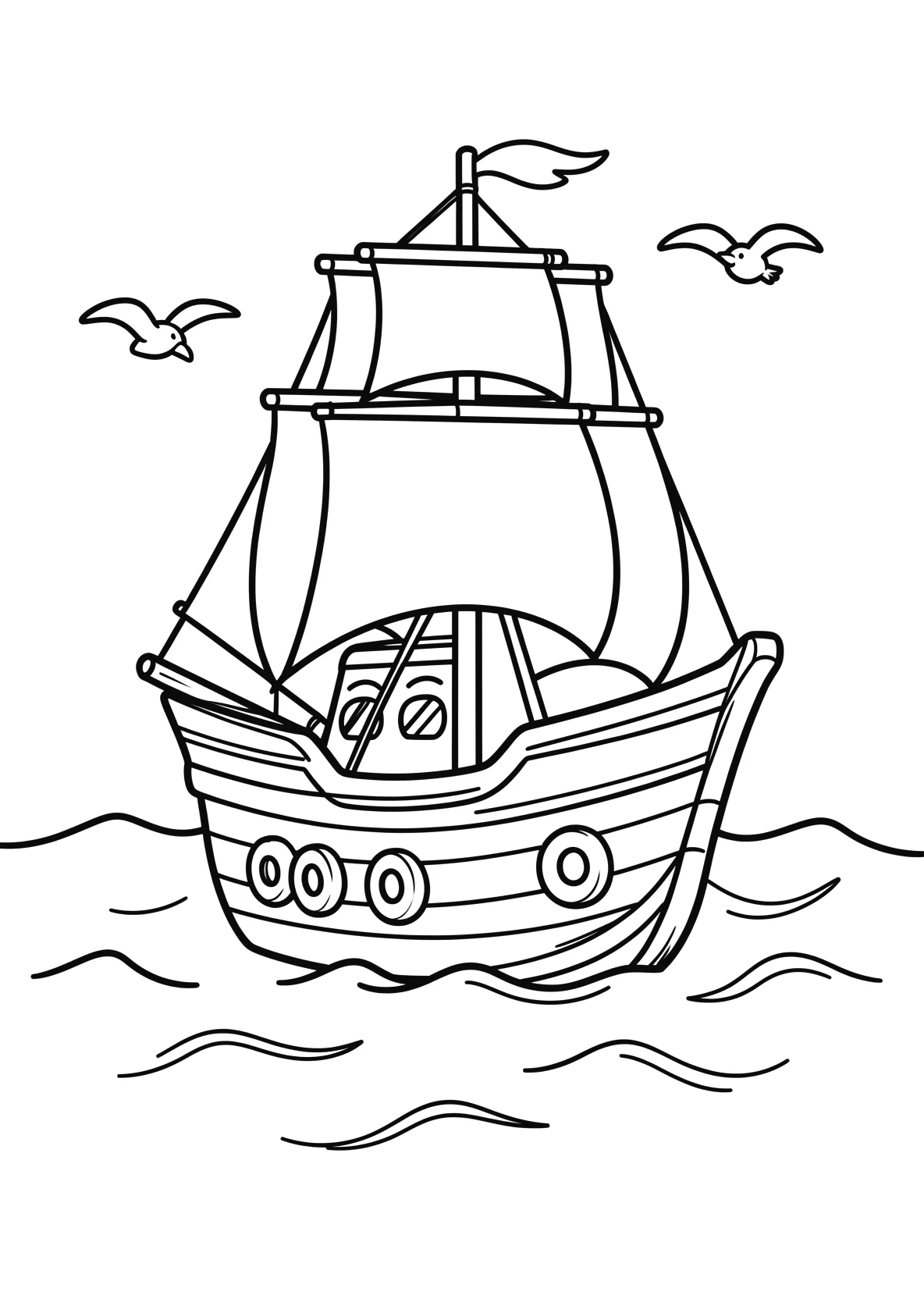 Ausmalbild Piratenschiff fährt über das Meer mit Wellen - Ausmalbild aus der Kategorie Maerchen - kostenlos ausdrucken