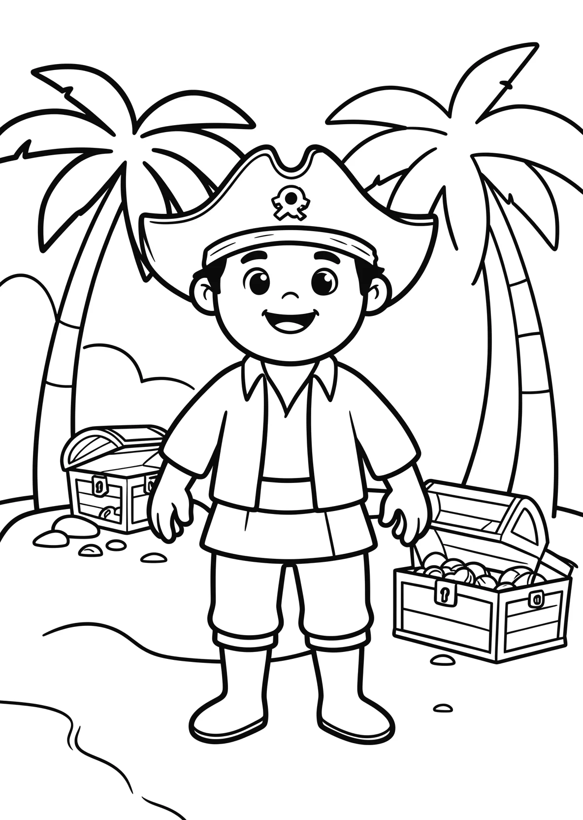 Ausmalbild Pirat findet eine Schatztruhe auf einer Insel mit - Ausmalbild aus der Kategorie Maerchen - kostenlos ausdrucken