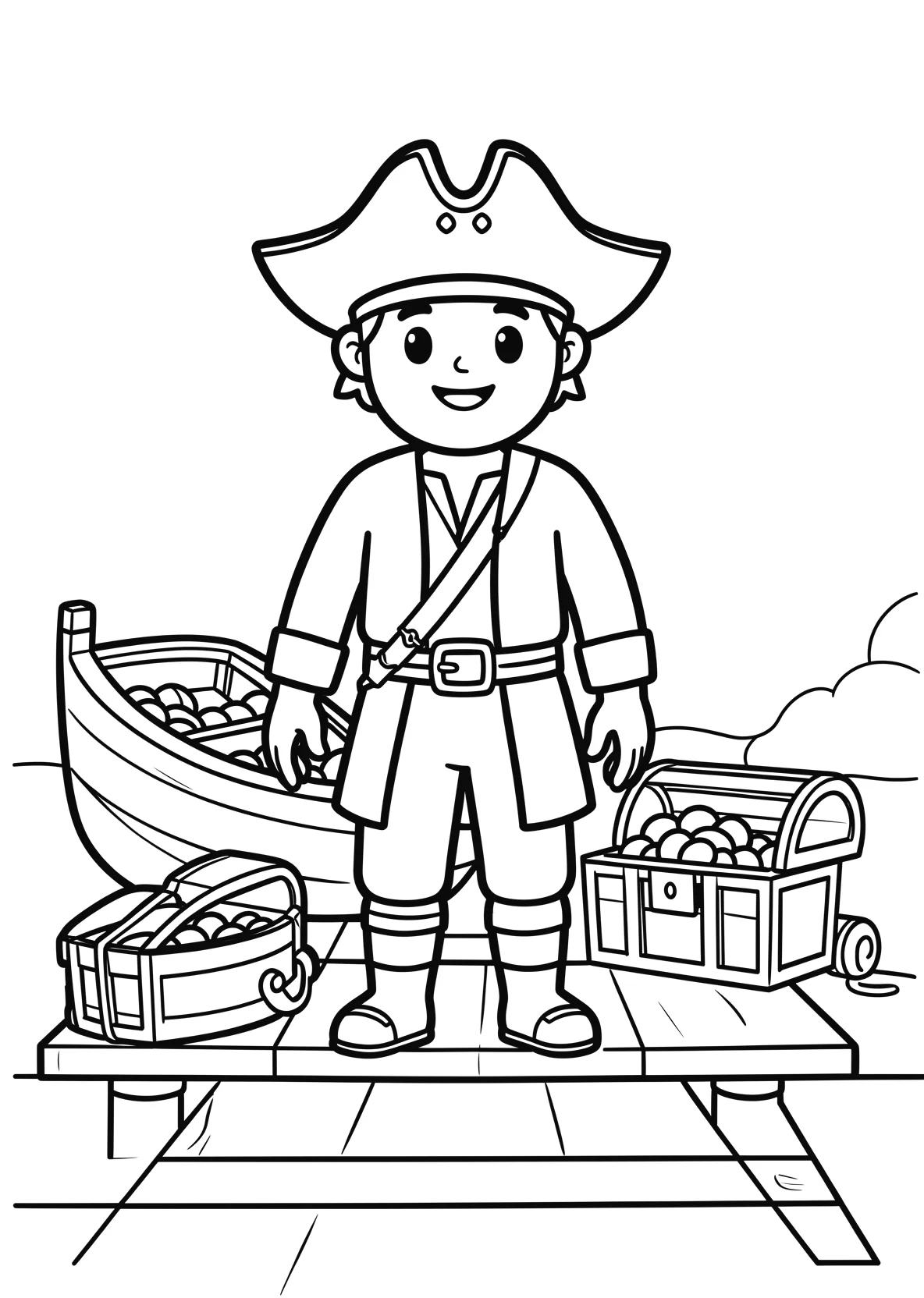 Ausmalbild Pirat steht auf einem Steg mit Boot - Ausmalbild aus der Kategorie Maerchen - kostenlos ausdrucken