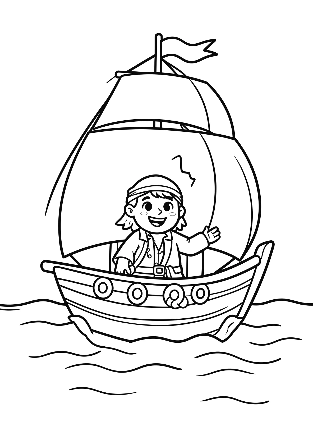 Ausmalbild Pirat segelt über das Meer mit großen Segeln - Ausmalbild aus der Kategorie Maerchen - kostenlos ausdrucken