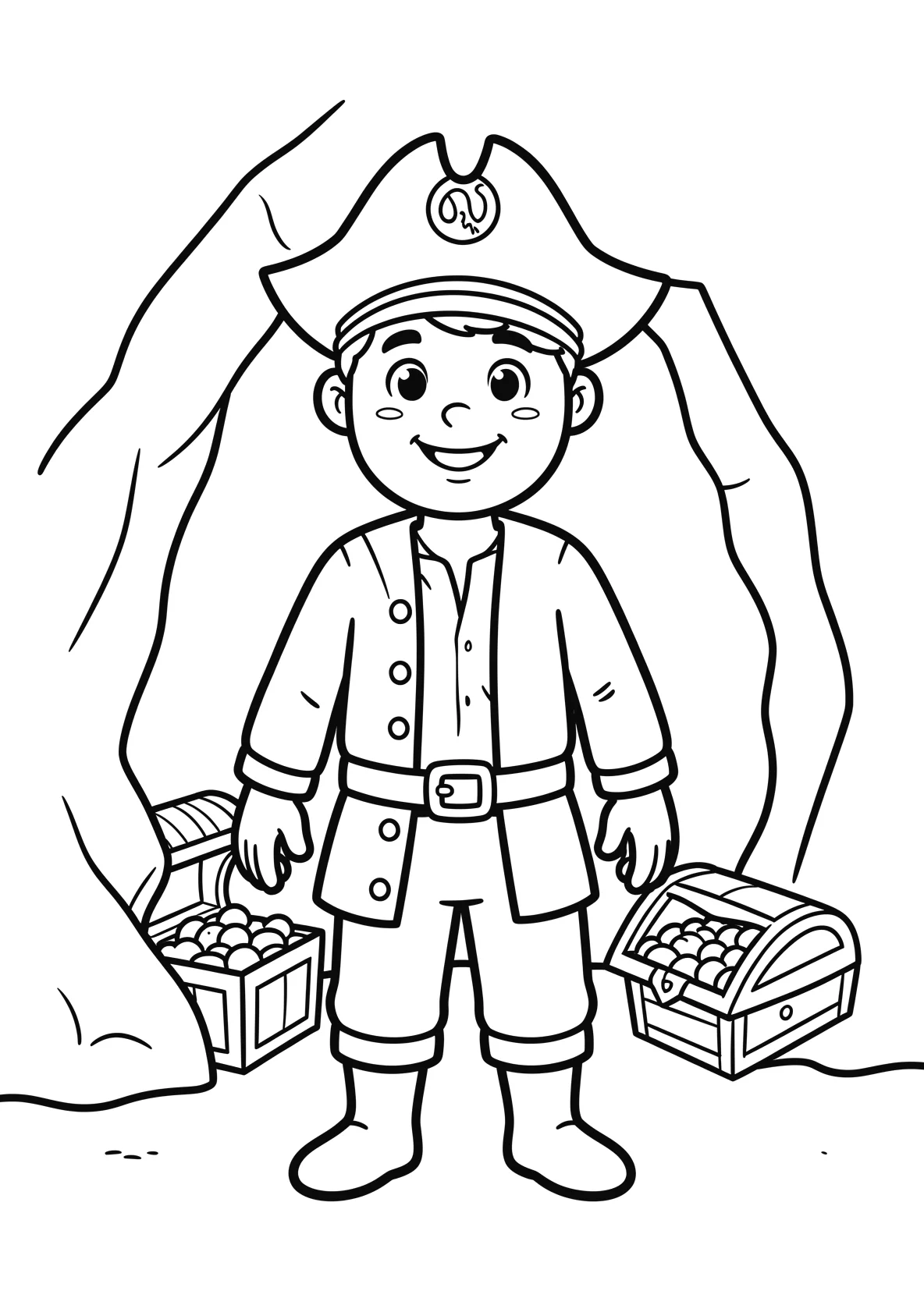 Ausmalbild Pirat steht vor einer Höhle mit Schatzkiste - Ausmalbild aus der Kategorie Maerchen - kostenlos ausdrucken