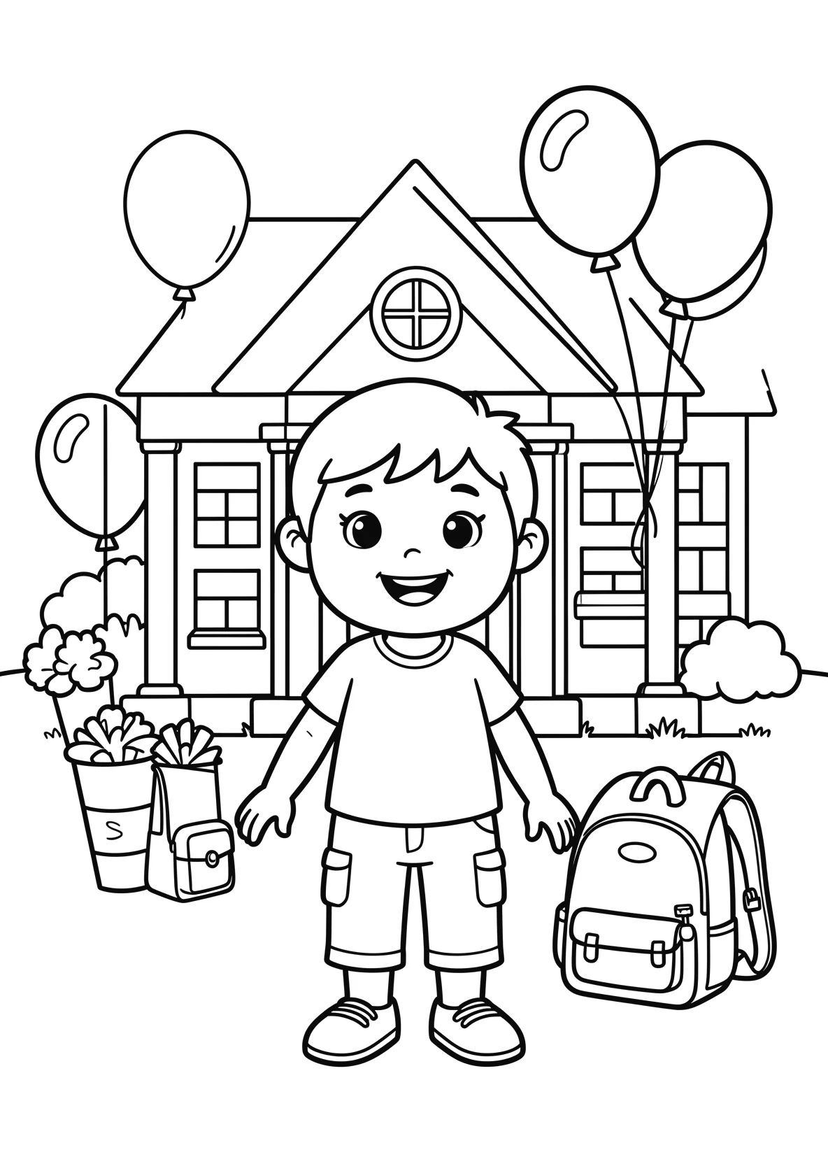 Ausmalbild Kinder stehen vor einer Schule mit bunten - Ausmalbild aus der Kategorie Berufe - kostenlos ausdrucken