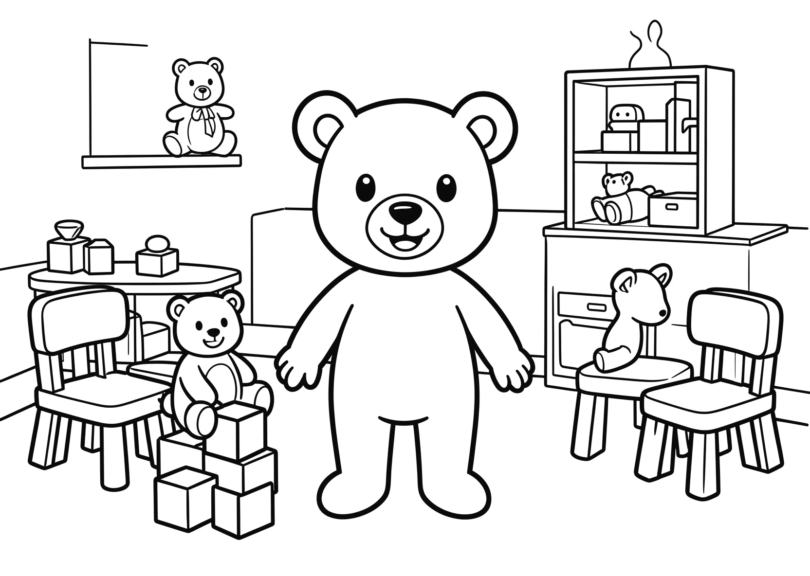 Ausmalbild Kindergartenraum mit Spielzeug - Ausmalbild aus der Kategorie Berufe - kostenlos ausdrucken