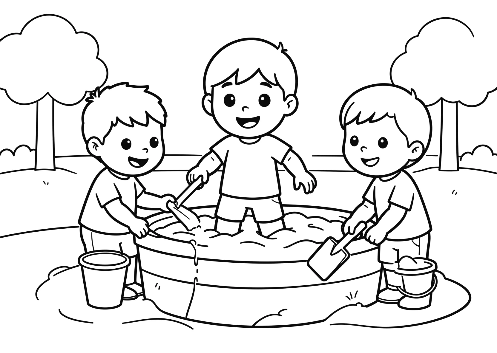 Ausmalbild Kinder spielen im Sandkasten eines Kindergartens - Ausmalbild aus der Kategorie Berufe - kostenlos ausdrucken