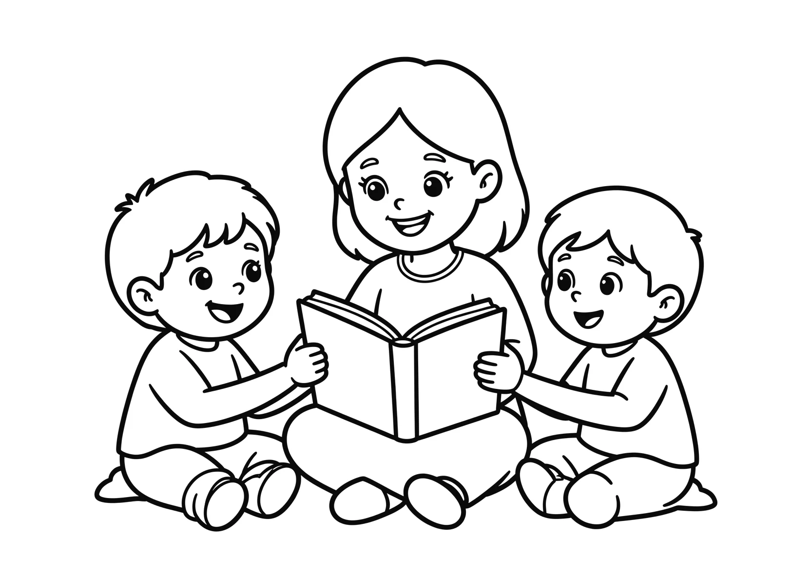 Ausmalbild Kinder hören einer Erzieherin zu - Ausmalbild aus der Kategorie Berufe - kostenlos ausdrucken