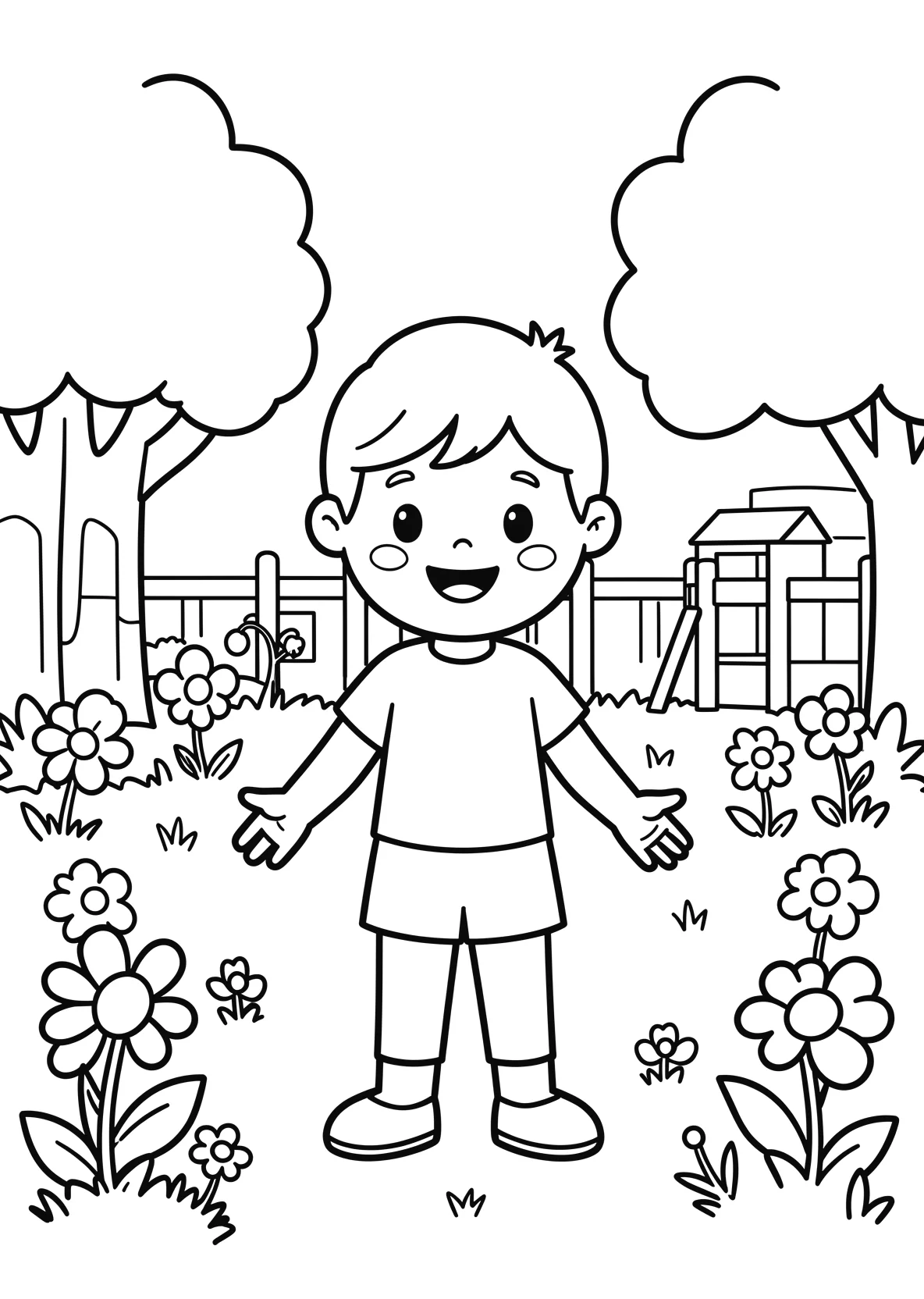 Ausmalbild Kinder spielen im Garten eines Kindergartens mit - Ausmalbild aus der Kategorie Berufe - kostenlos ausdrucken