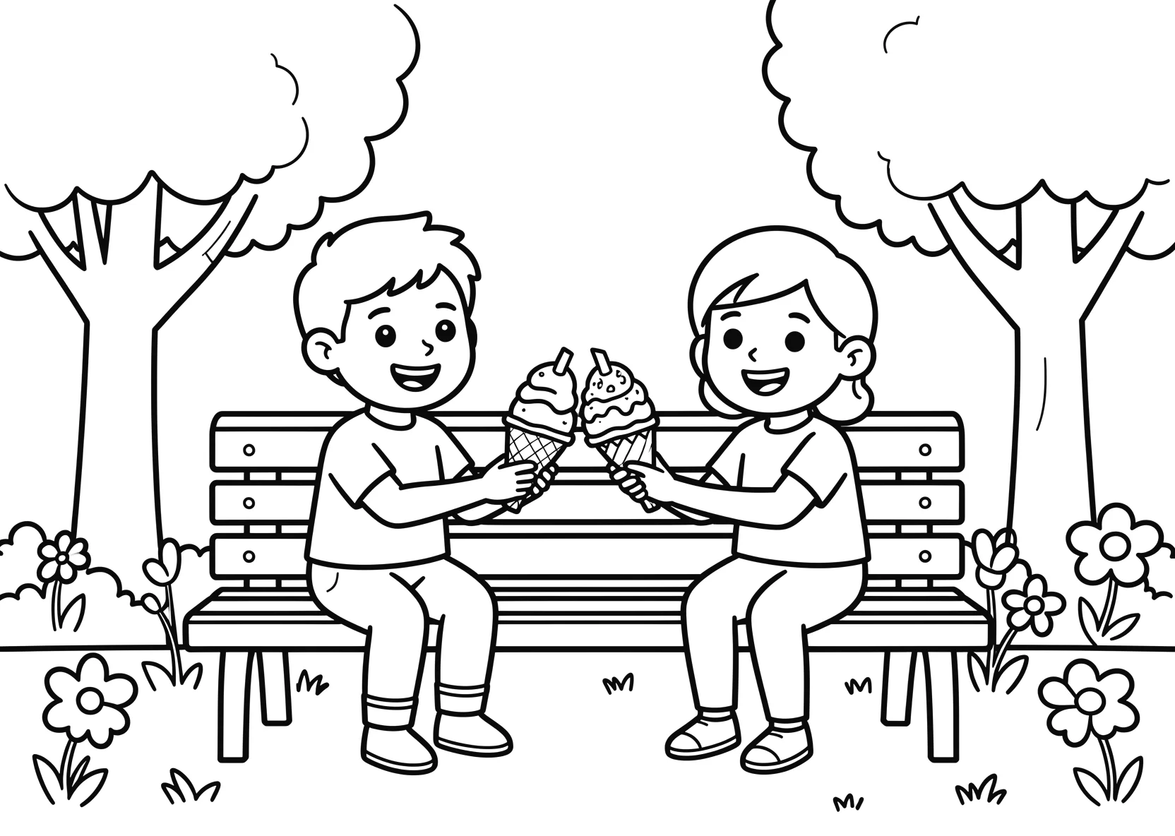 Ausmalbild Freunde teilen ein Eis auf einer Parkbank mit - Ausmalbild aus der Kategorie Essen - kostenlos ausdrucken