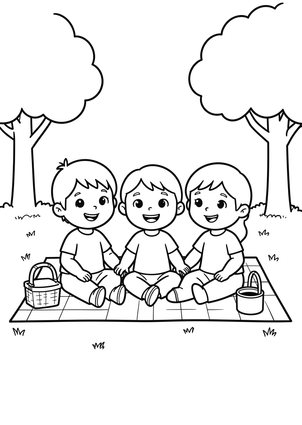 Ausmalbild Kinder sitzen zusammen auf einer Picknickdecke im - Ausmalbild aus der Kategorie Sonstiges - kostenlos ausdrucken