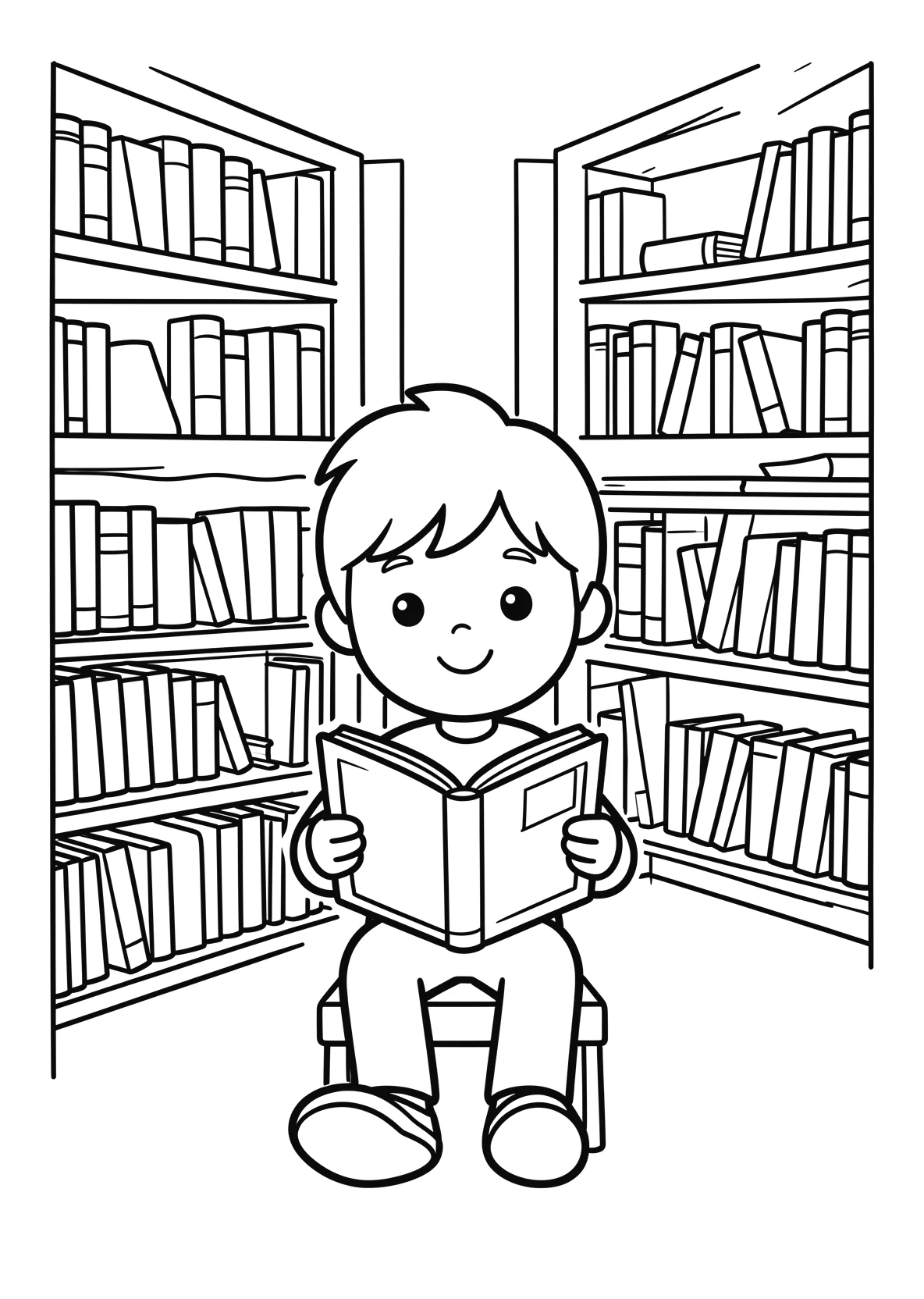 Ausmalbild Kinder sitzen in einer Bibliothek mit vielen - Ausmalbild aus der Kategorie Berufe - kostenlos ausdrucken