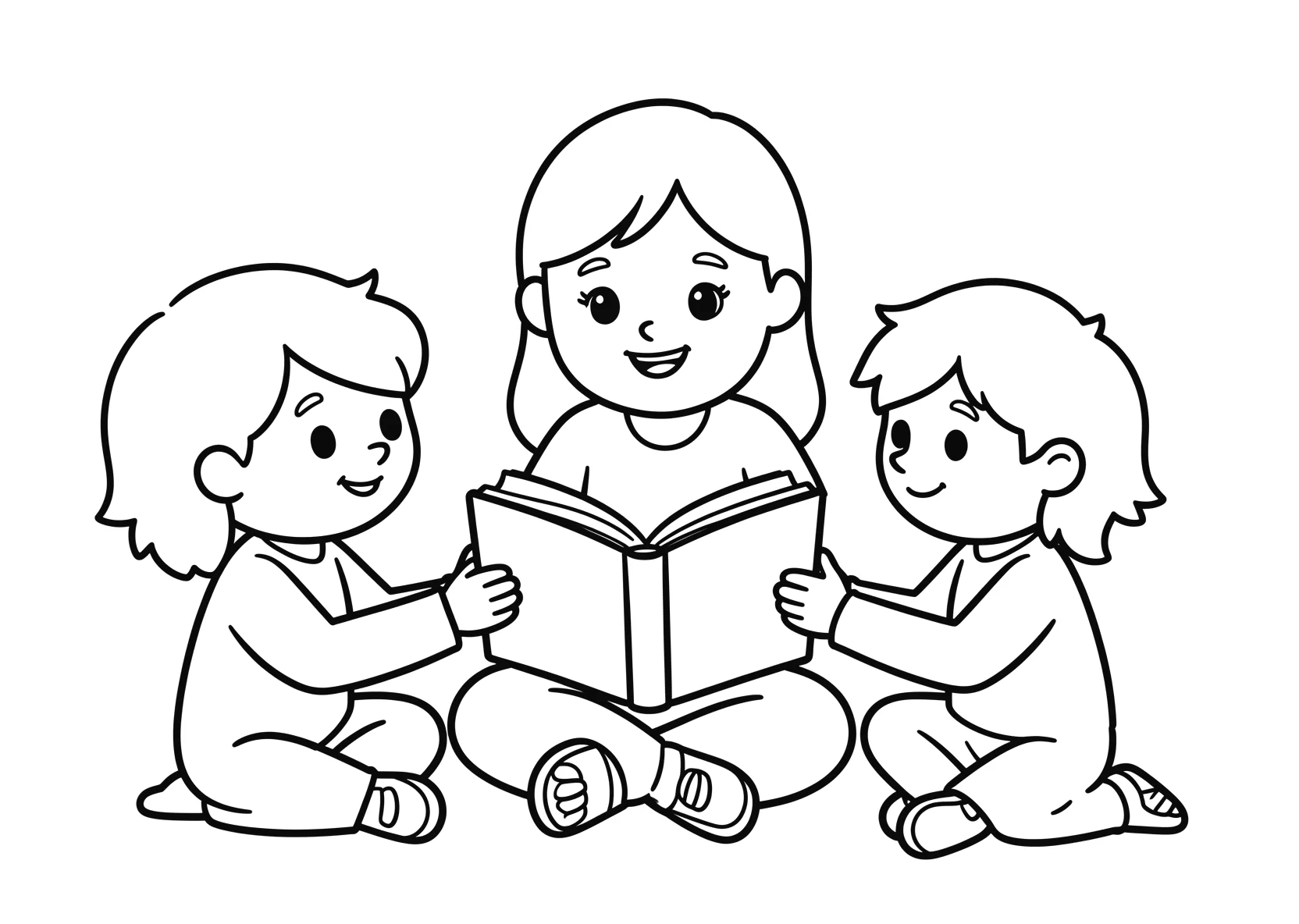 Ausmalbild Kinder hören zu - Ausmalbild aus der Kategorie Berufe - kostenlos ausdrucken