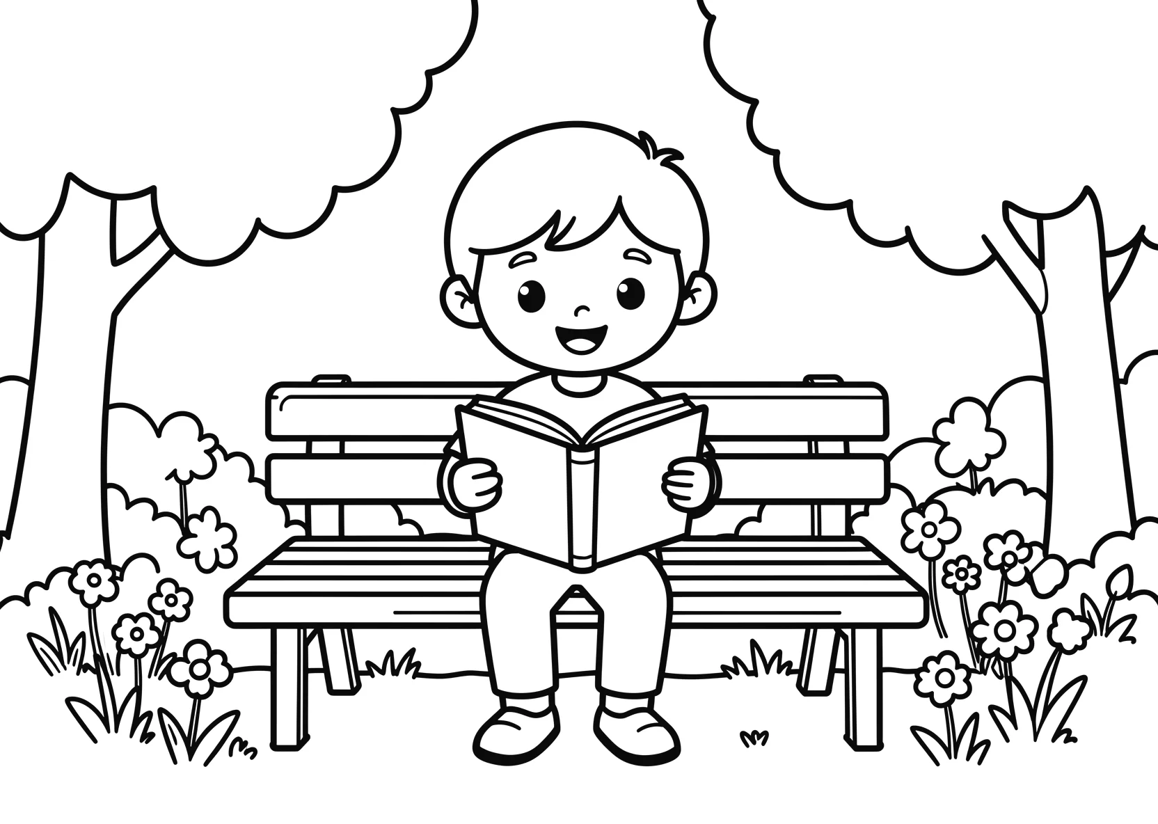 Ausmalbild Kind liest ein Buch auf einer Parkbank mit Bäumen - Ausmalbild aus der Kategorie Natur - kostenlos ausdrucken