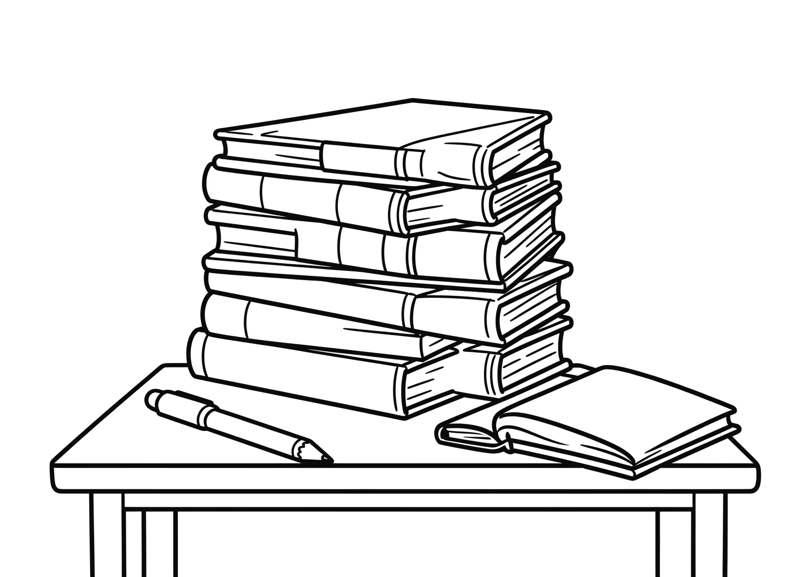 Ausmalbild Großer Stapel Bücher liegt auf einem Tisch mit - Ausmalbild aus der Kategorie Sonstiges - kostenlos ausdrucken