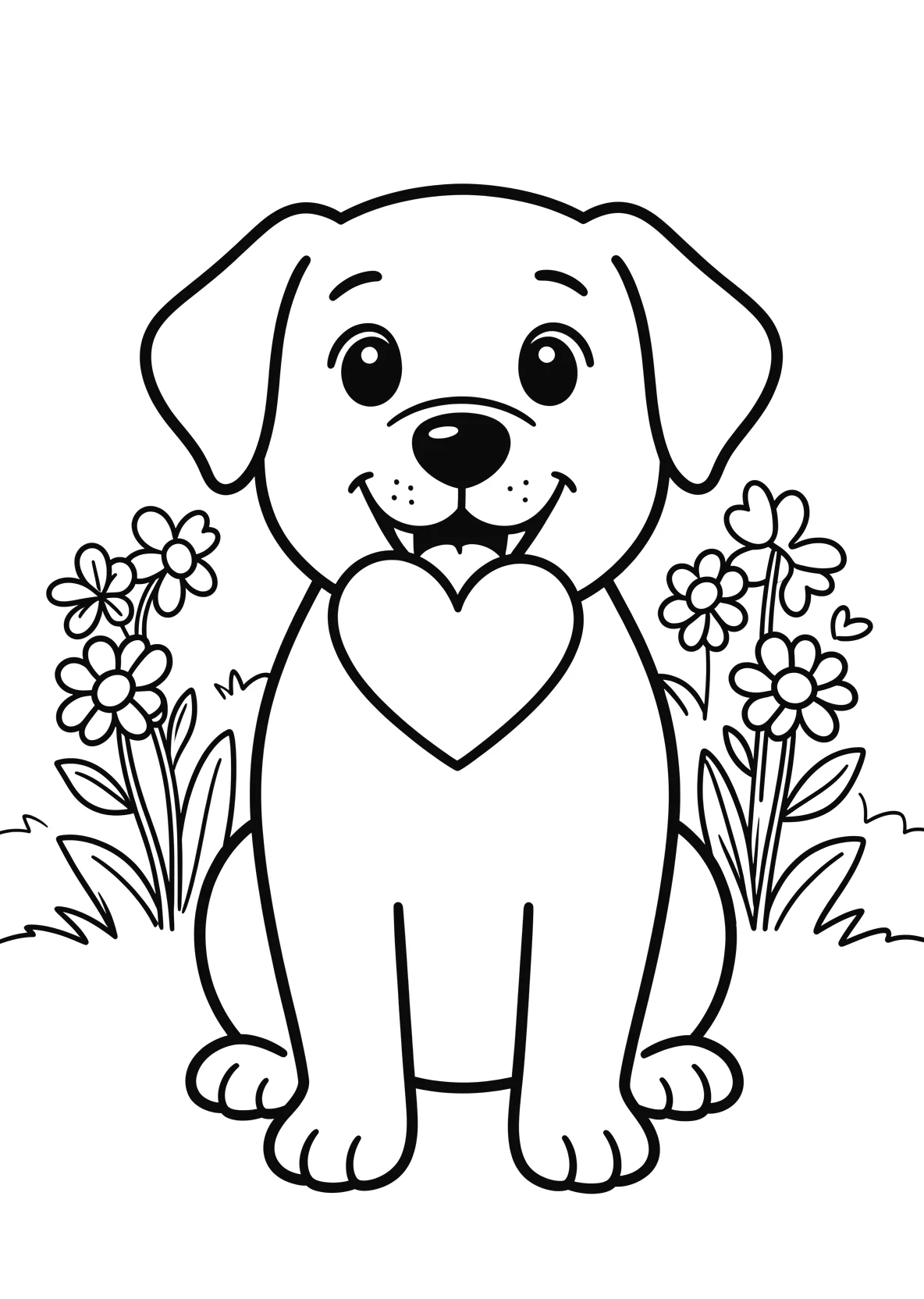 Ausmalbild Hund hält ein Herz im Maul mit Blumen im - Ausmalbild aus der Kategorie Tiere - kostenlos ausdrucken