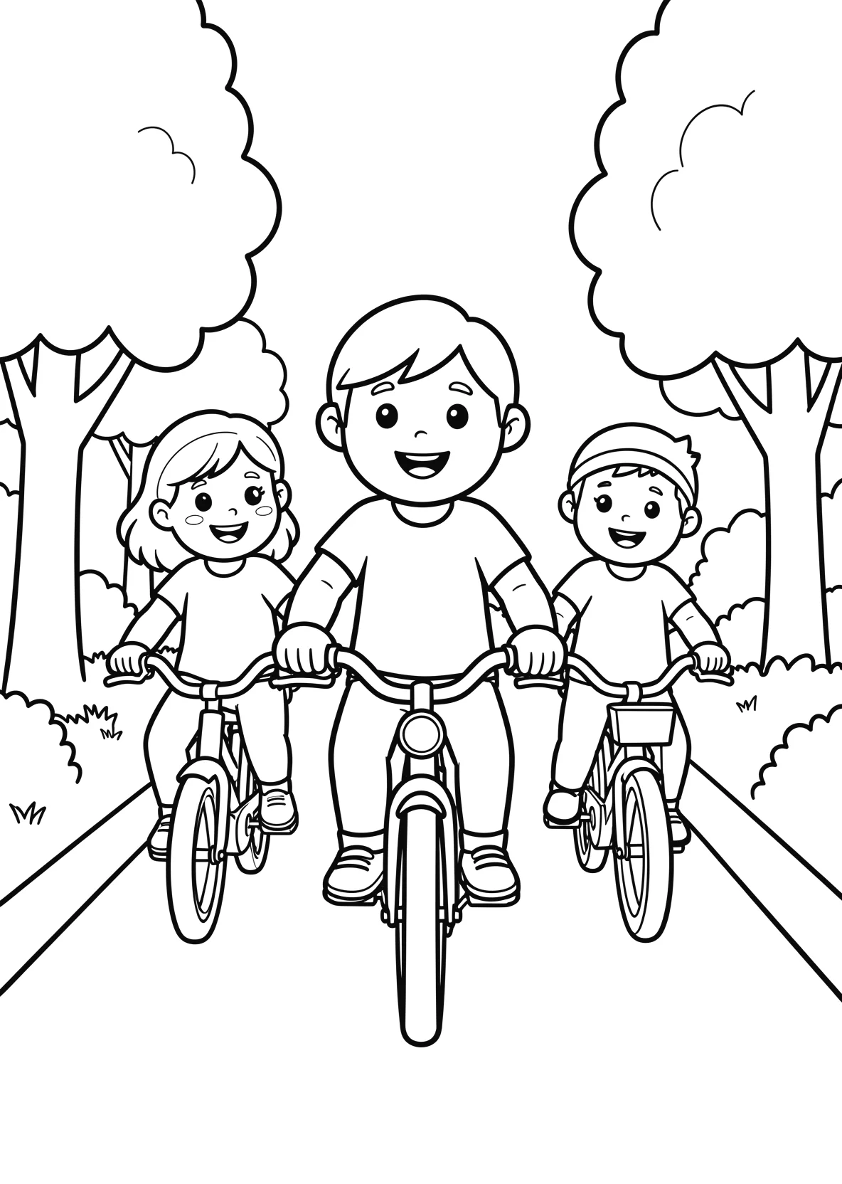 Ausmalbild Kinder fahren gemeinsam Fahrrad auf einem Weg - Ausmalbild aus der Kategorie Fahrzeuge - kostenlos ausdrucken