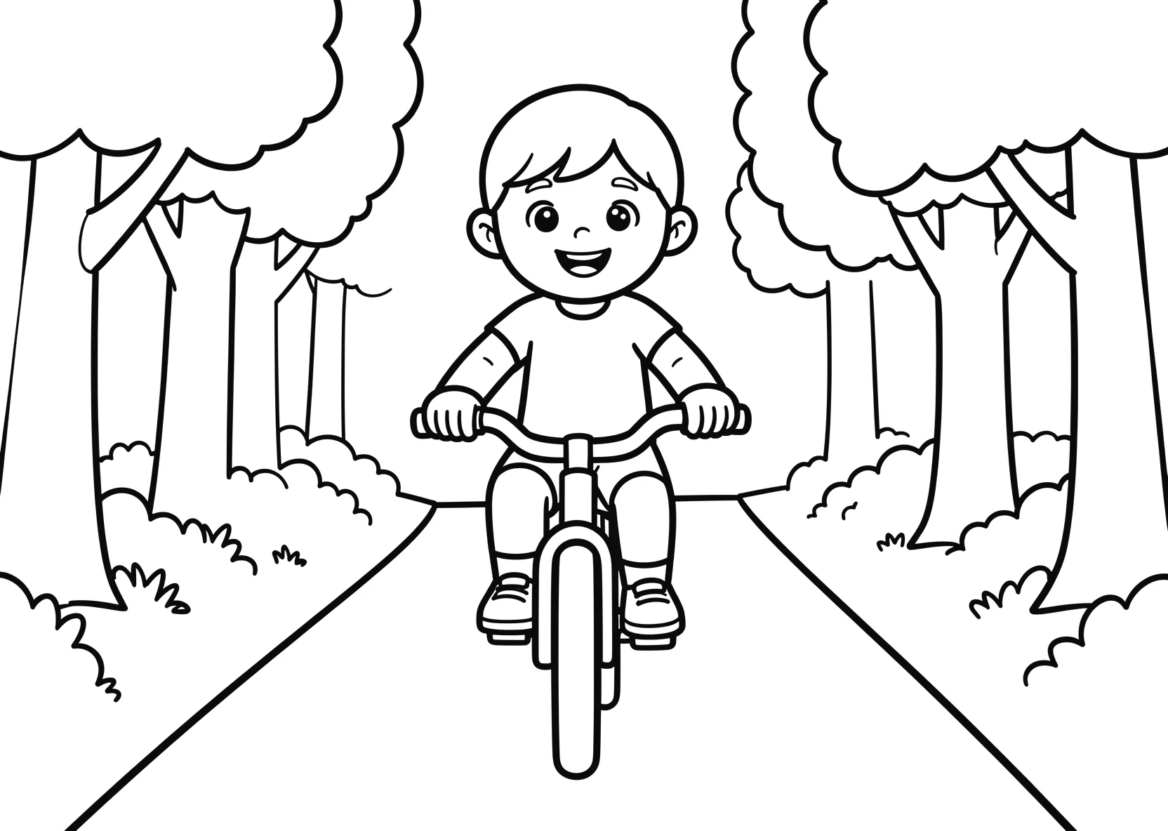 Ausmalbild Kinder fahren Fahrrad auf einem Waldweg mit Bäumen - Ausmalbild aus der Kategorie Fahrzeuge - kostenlos ausdrucken