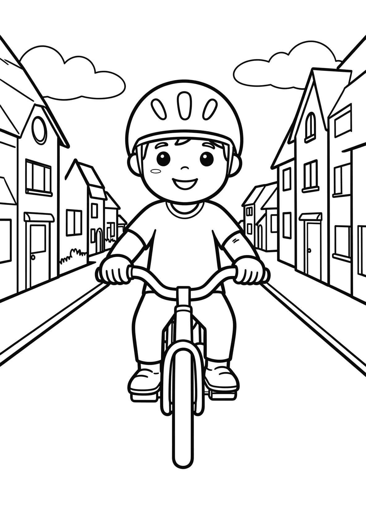 Ausmalbild Kind fährt Fahrrad mit Helm auf einer Straße mit - Ausmalbild aus der Kategorie Fahrzeuge - kostenlos ausdrucken