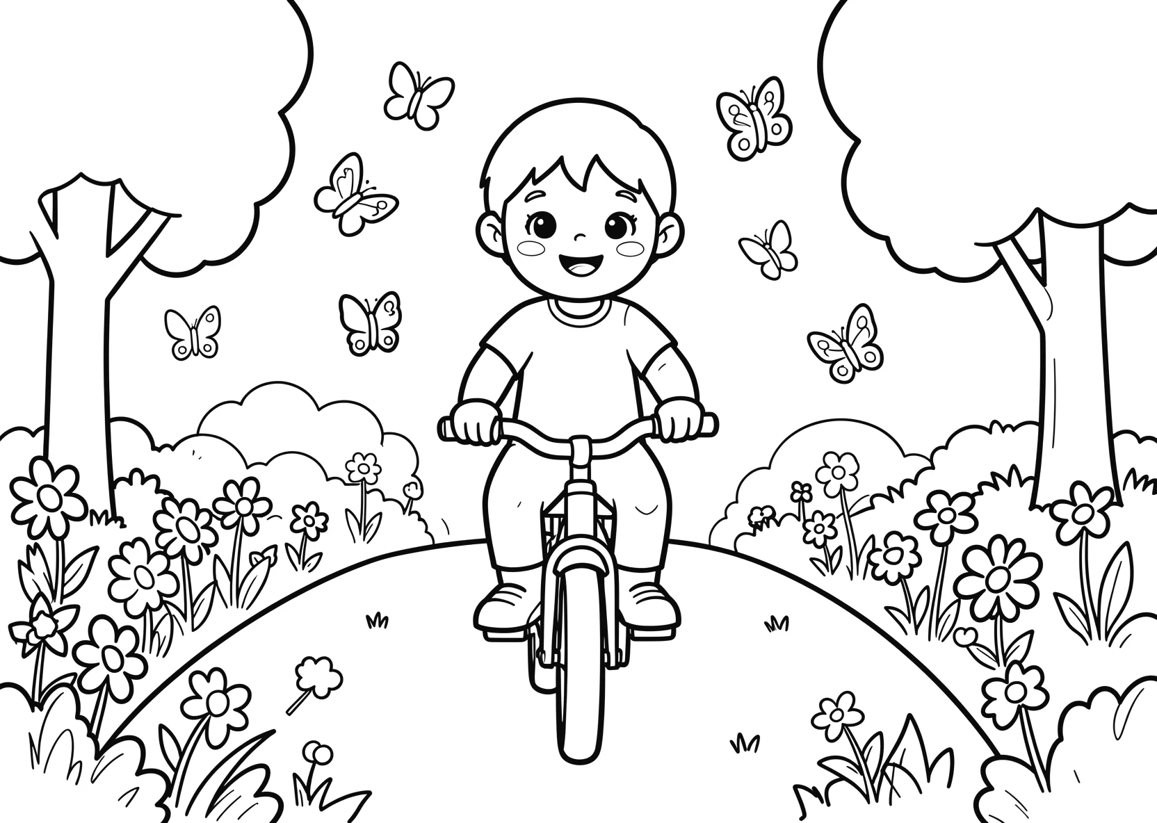 Ausmalbild Kind fährt Fahrrad durch einen Park mit Blumen - Ausmalbild aus der Kategorie Tiere - kostenlos ausdrucken