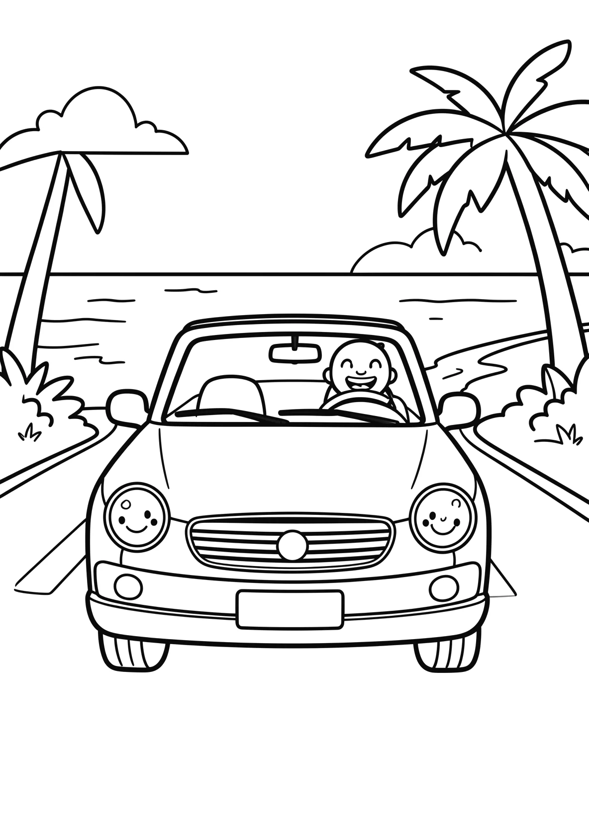 Ausmalbild Cabrio fährt über eine Küstenstraße mit Meer - Ausmalbild aus der Kategorie Fahrzeuge - kostenlos ausdrucken