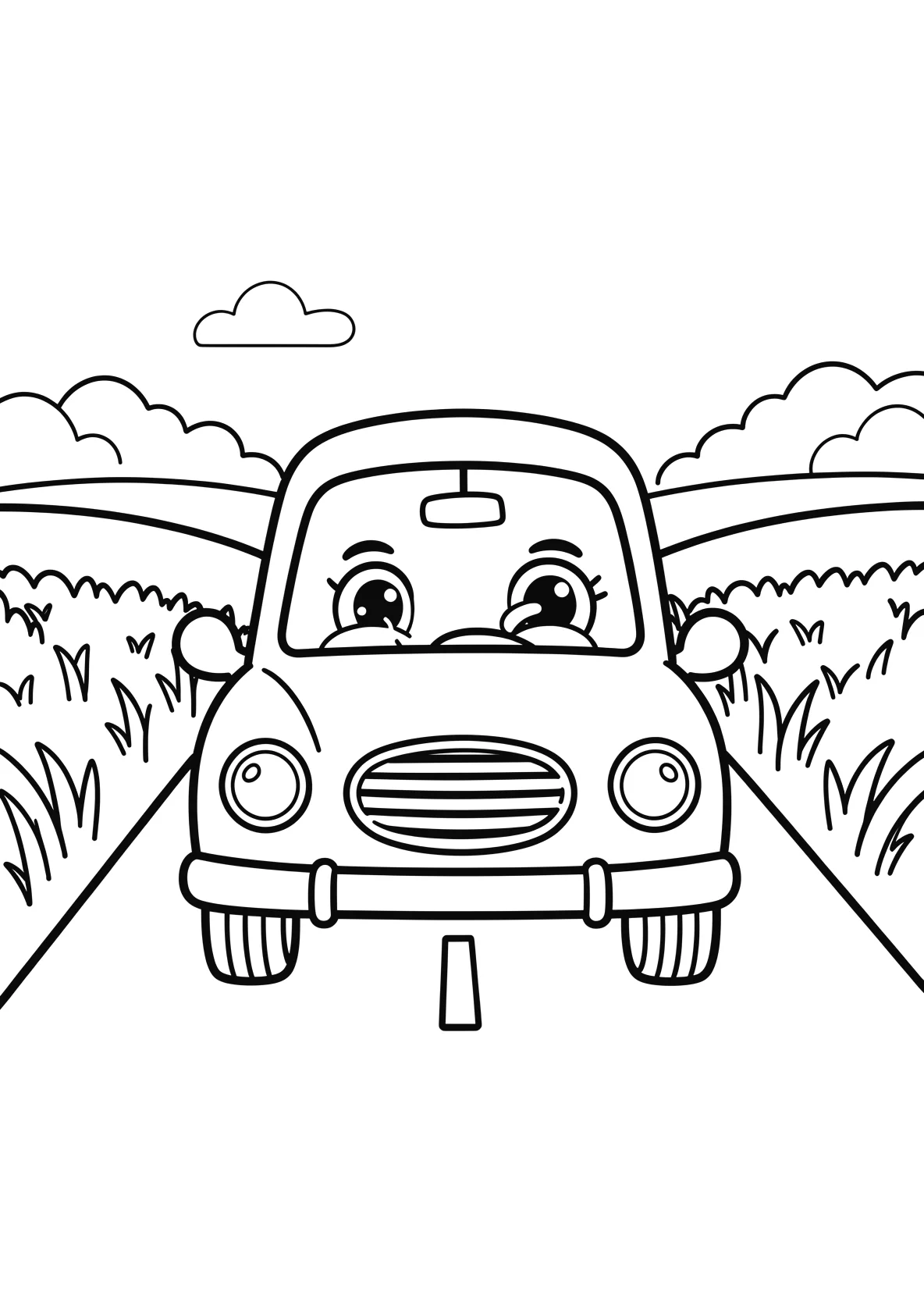 Ausmalbild Kleines Auto fährt über eine Landstraße mit - Ausmalbild aus der Kategorie Fahrzeuge - kostenlos ausdrucken