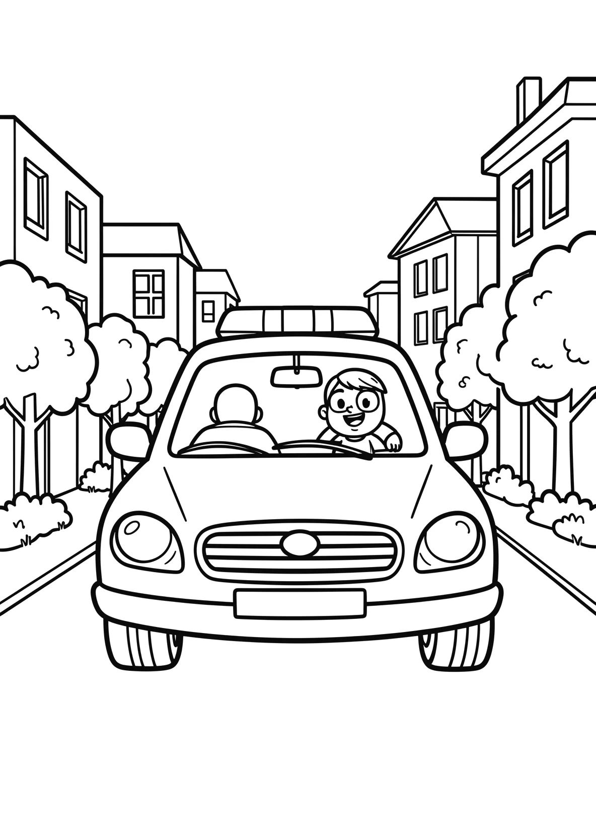 Ausmalbild Polizeiauto fährt durch eine Stadt mit Häusern - Ausmalbild aus der Kategorie Fahrzeuge - kostenlos ausdrucken