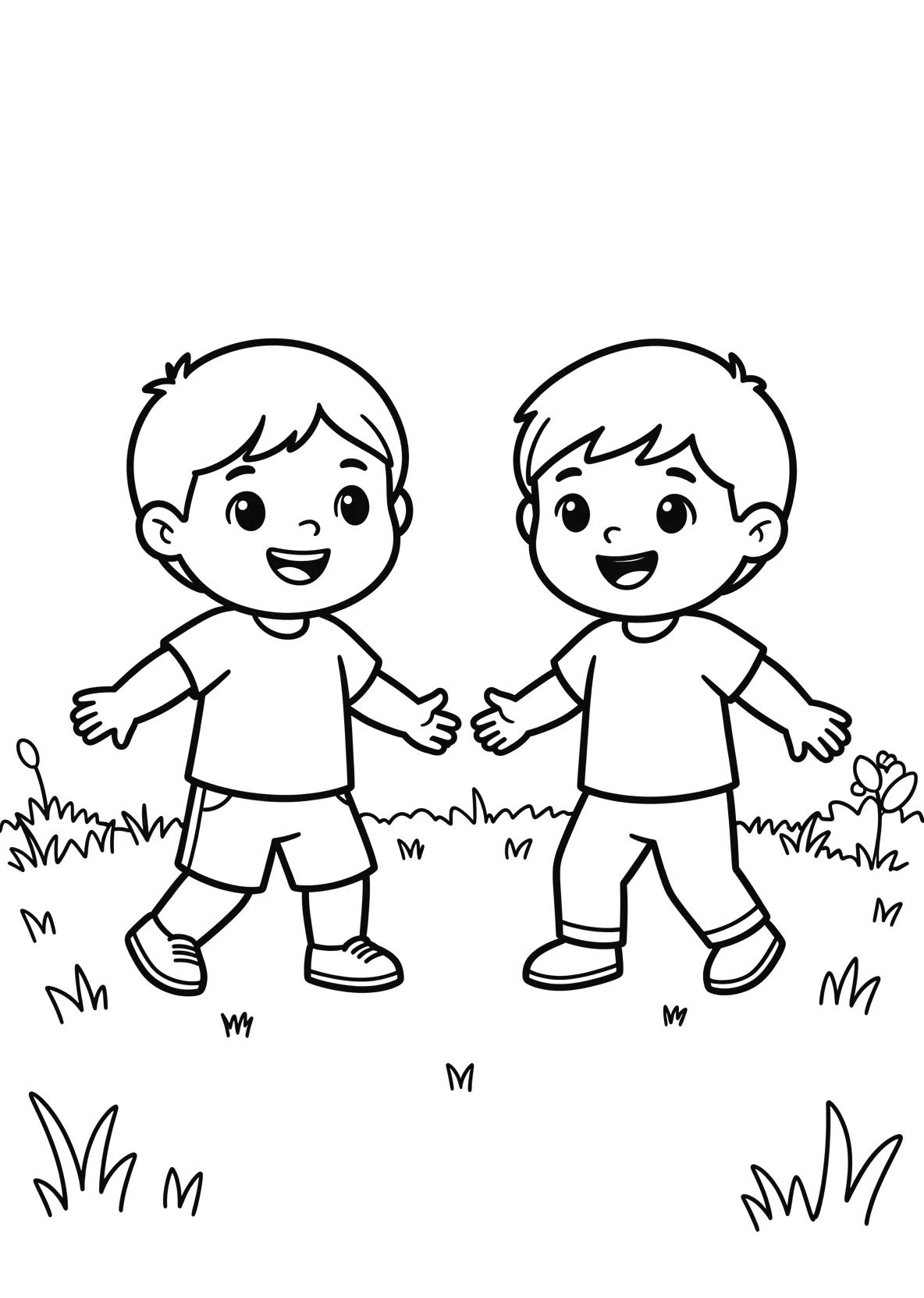 Ausmalbild Zwei freundliche Kinder spielen zusammen auf - Ausmalbild aus der Kategorie Natur - kostenlos ausdrucken