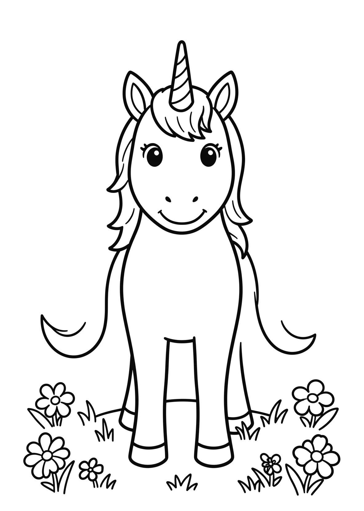 Ausmalbild Freundliches Einhorn mit einem langen Horn auf - Ausmalbild aus der Kategorie Maerchen - kostenlos ausdrucken