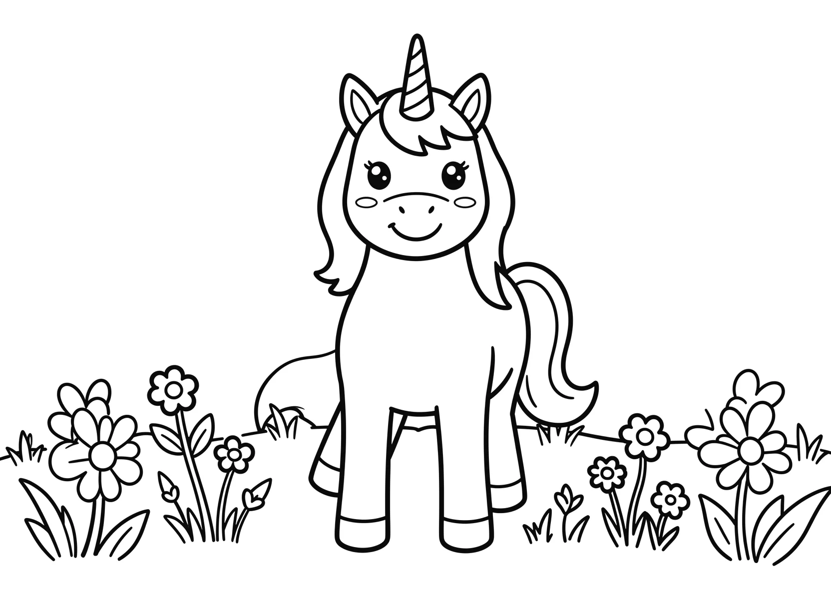 Ausmalbild Freundliches Einhorn mit einem langen Horn auf - Ausmalbild aus der Kategorie Maerchen - kostenlos ausdrucken