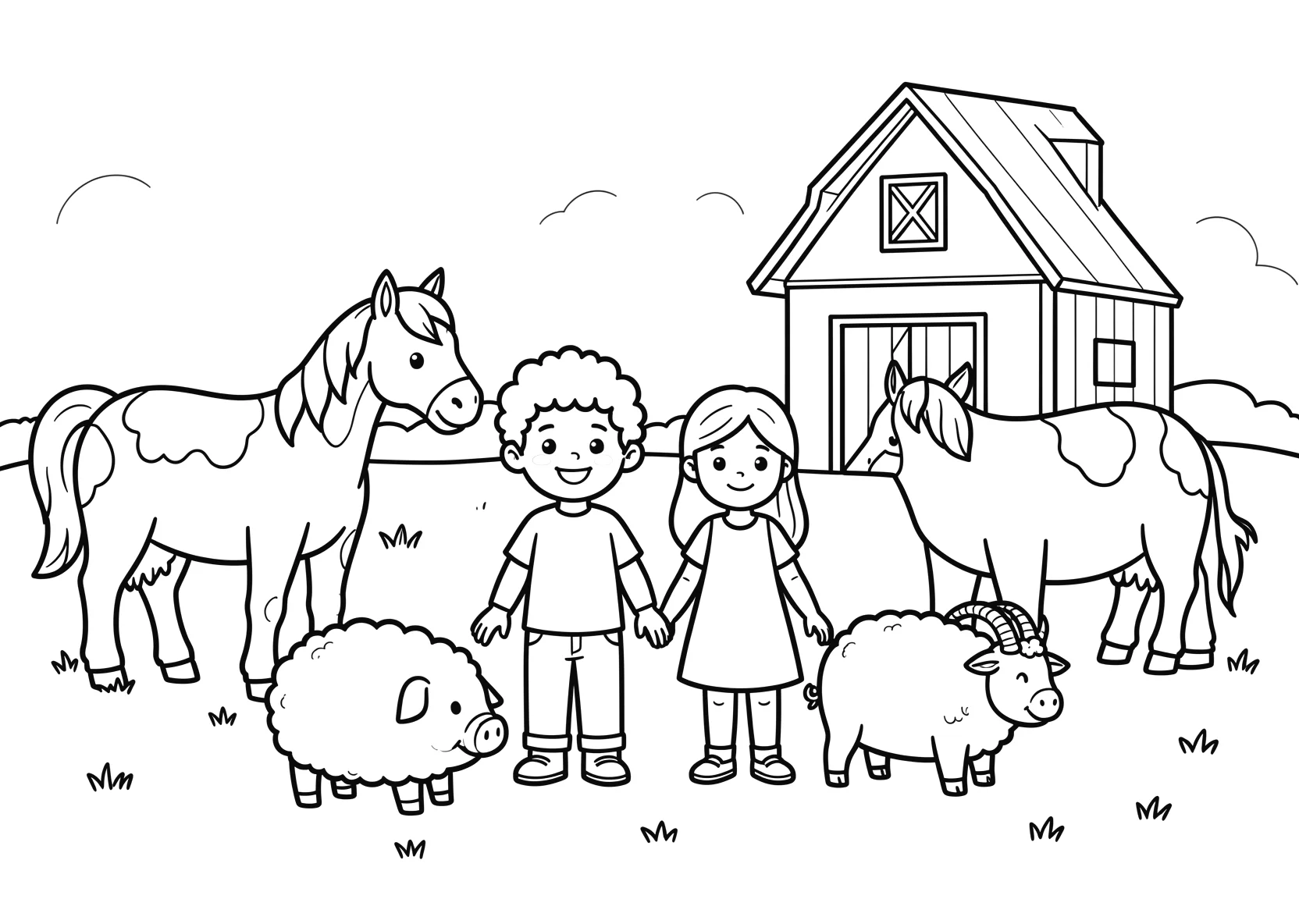 Ausmalbild Bauernhof mit einem Jungen mit lockigen Haaren - Ausmalbild aus der Kategorie Tiere - kostenlos ausdrucken