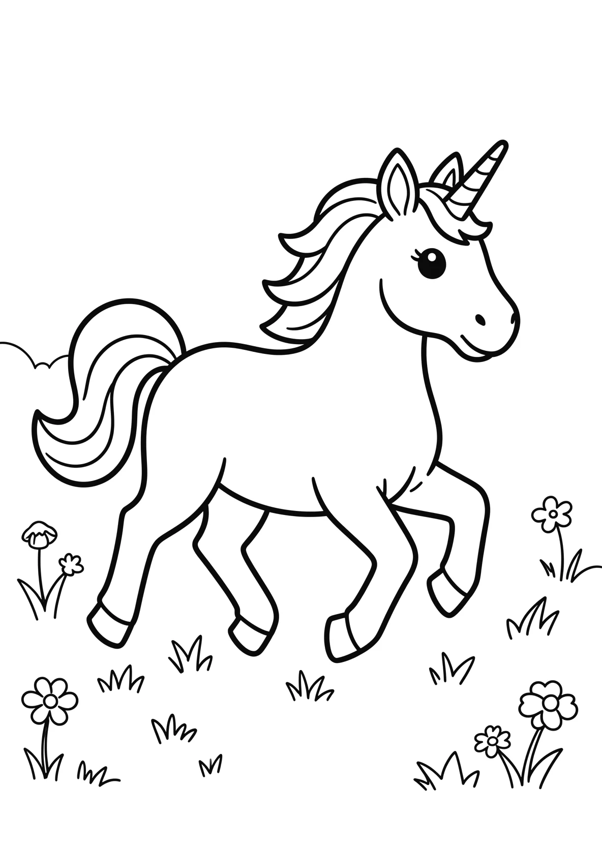Ausmalbild Einhorn im Galopp für Kindergartenkinder - kostenlos ausdrucken