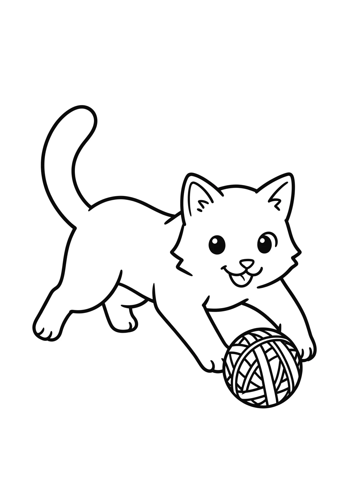Ausmalbild Katze spielt mit einem Wollknäuel für Kindergartenkinder - kostenlos ausdrucken