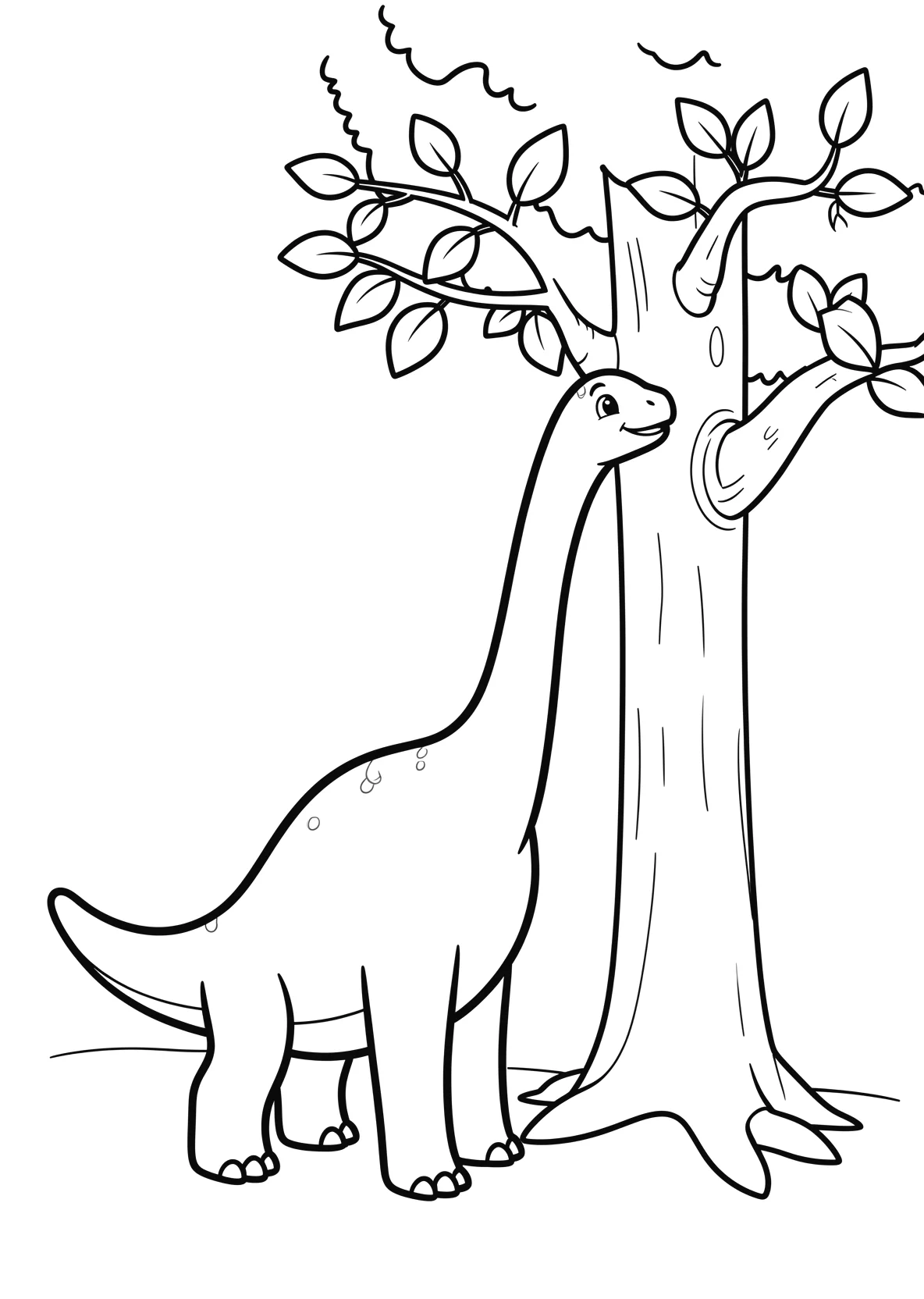 Ausmalbild Langhals-Dinosaurier frisst Blätter für Kindergartenkinder - kostenlos ausdrucken
