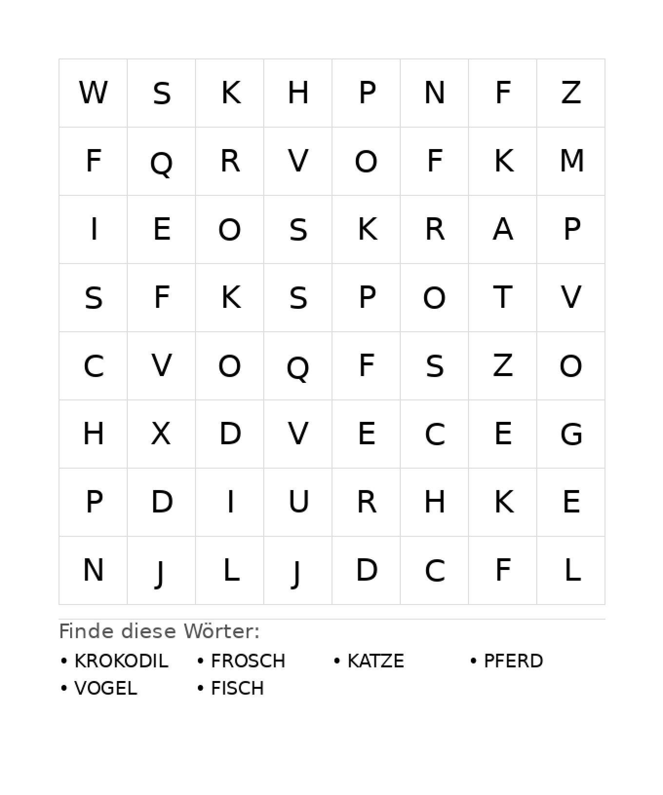 Wortsuchrätsel Wortsuchrätsel: Tiere für Kindergarten aus der Kategorie Wortsuchrätsel - kostenlos ausdrucken