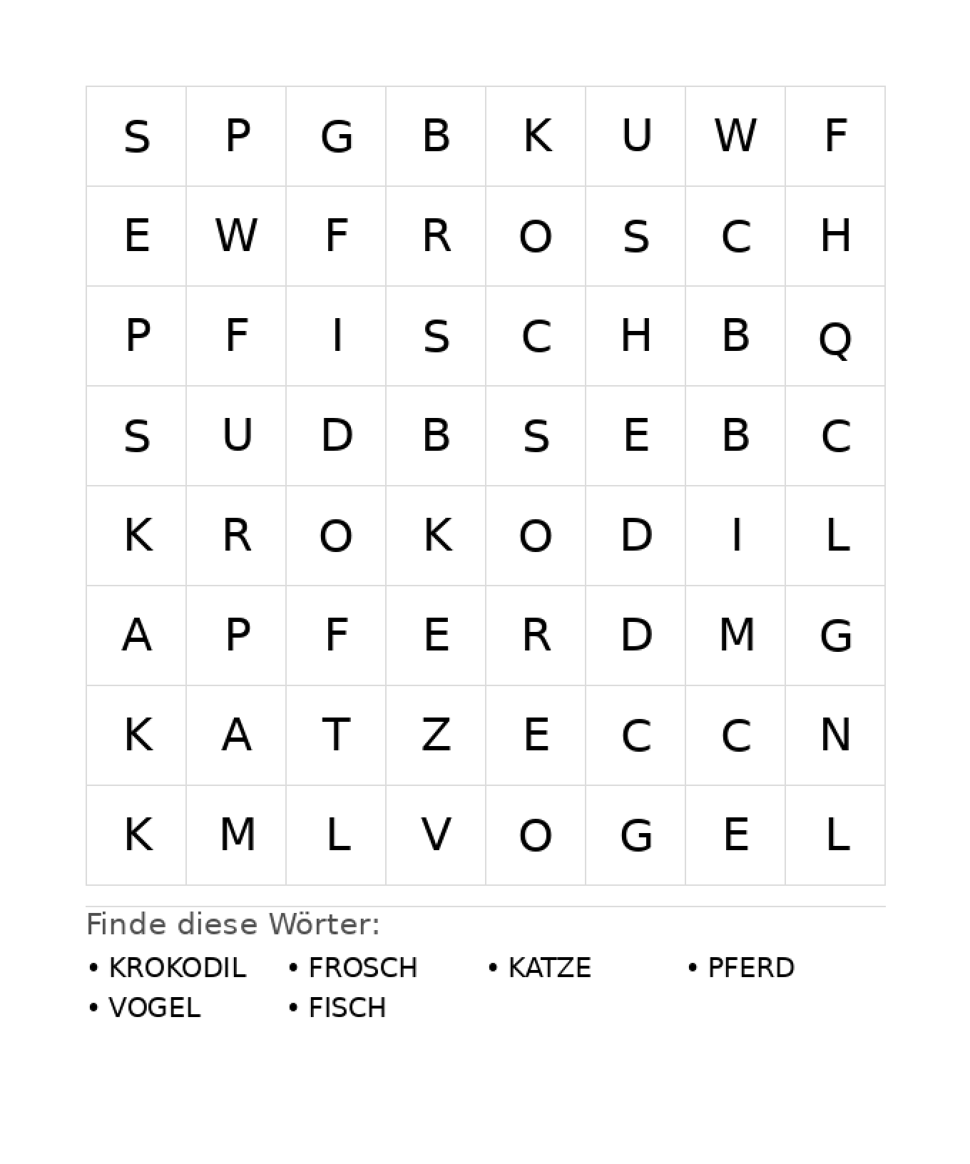 Wortsuchrätsel Wortsuchrätsel: Tiere für Kindergarten aus der Kategorie Wortsuchrätsel - kostenlos ausdrucken
