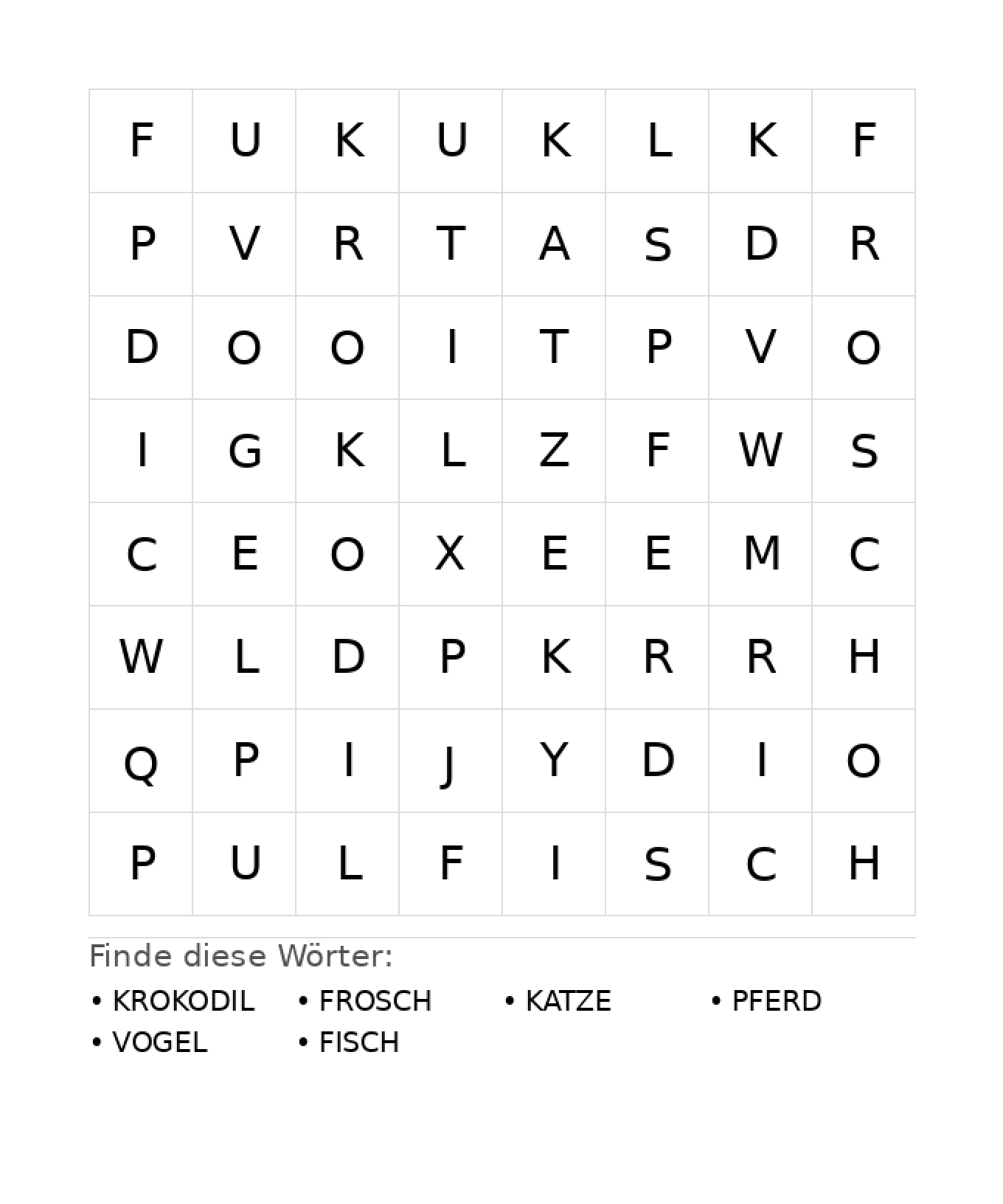 Wortsuchrätsel Wortsuchrätsel: Tiere für Kindergarten aus der Kategorie Wortsuchrätsel - kostenlos ausdrucken