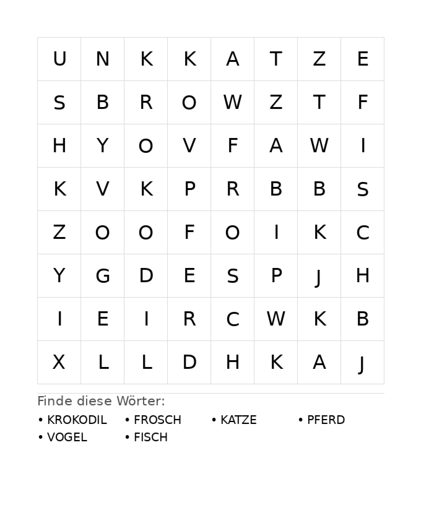 Wortsuchrätsel Wortsuchrätsel: Tiere für Kindergarten aus der Kategorie Wortsuchrätsel - kostenlos ausdrucken